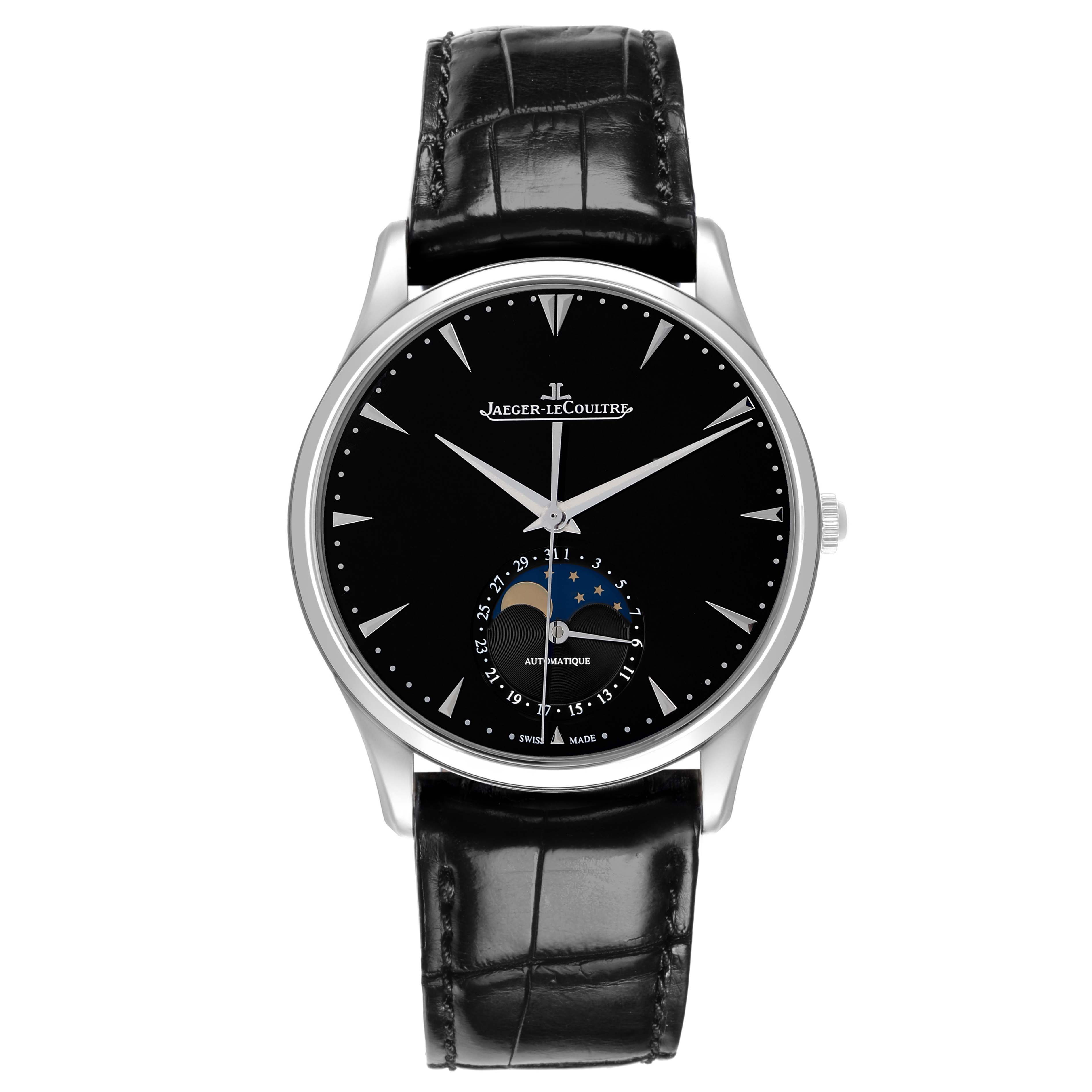 The Jaeger-LeCoultre Master watch is shown from the front, featuring a black dial, moon phase, and date indicators, with a leather strap.