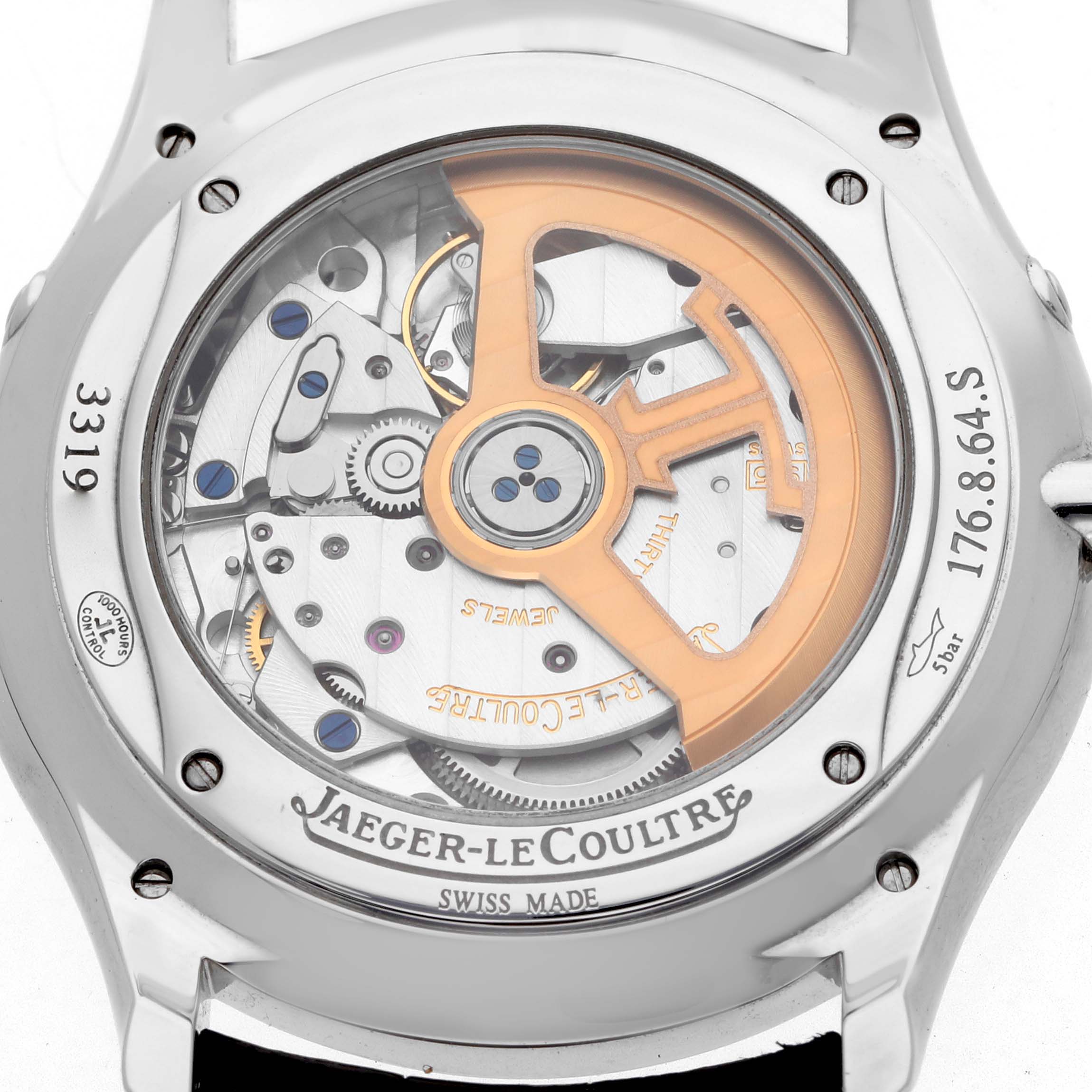 The image shows the back of a Jaeger-LeCoultre Master model, revealing its inner mechanical components through a transparent case back.