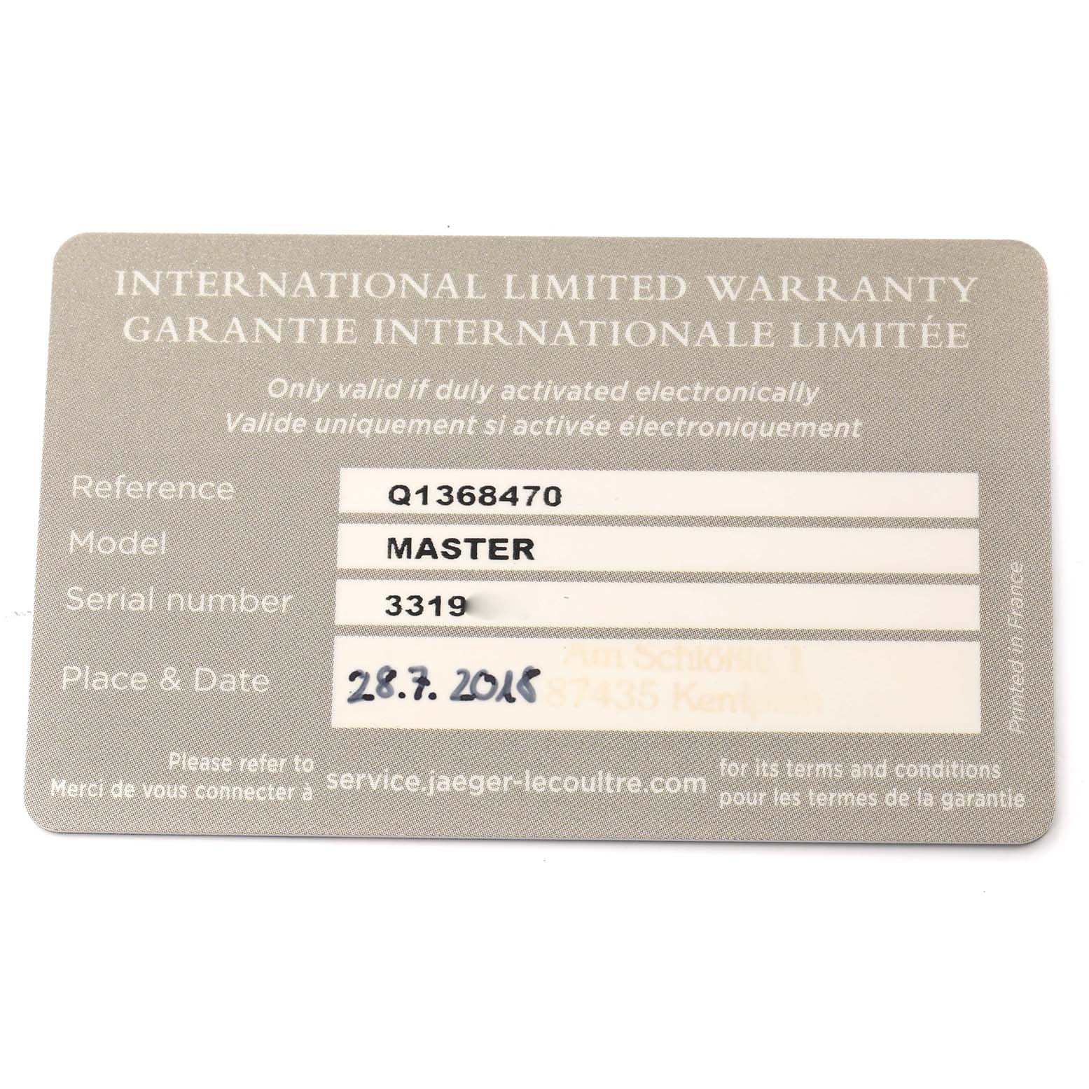 The image shows an International Limited Warranty card for a Jaeger LeCoultre Master Q1368470 Men's Stainless Steel Black Dial model watch.