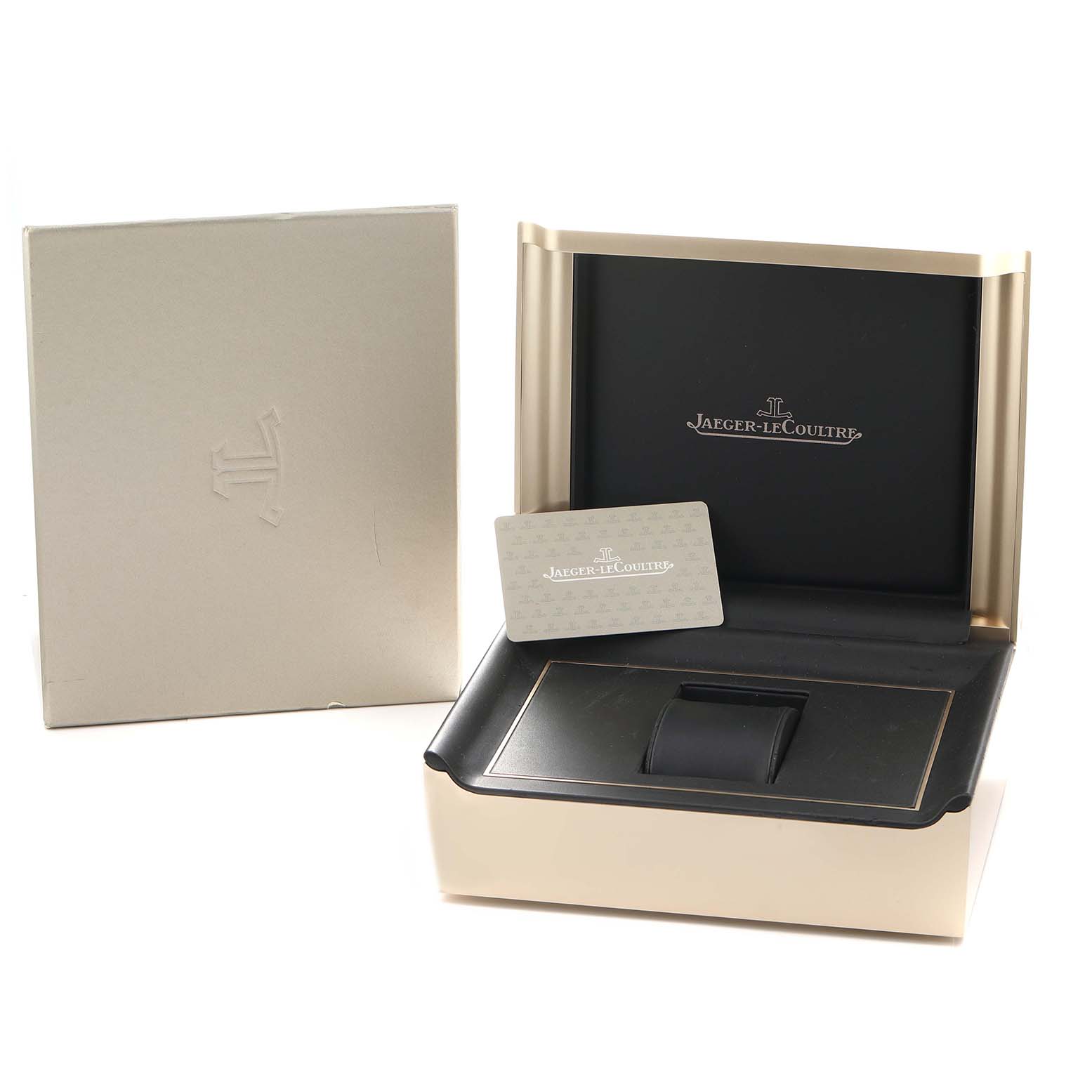 The image shows the packaging of a Jaeger LeCoultre Master Q1368470 Men's Stainless Steel Black Dial watch, including the box and a branded card.