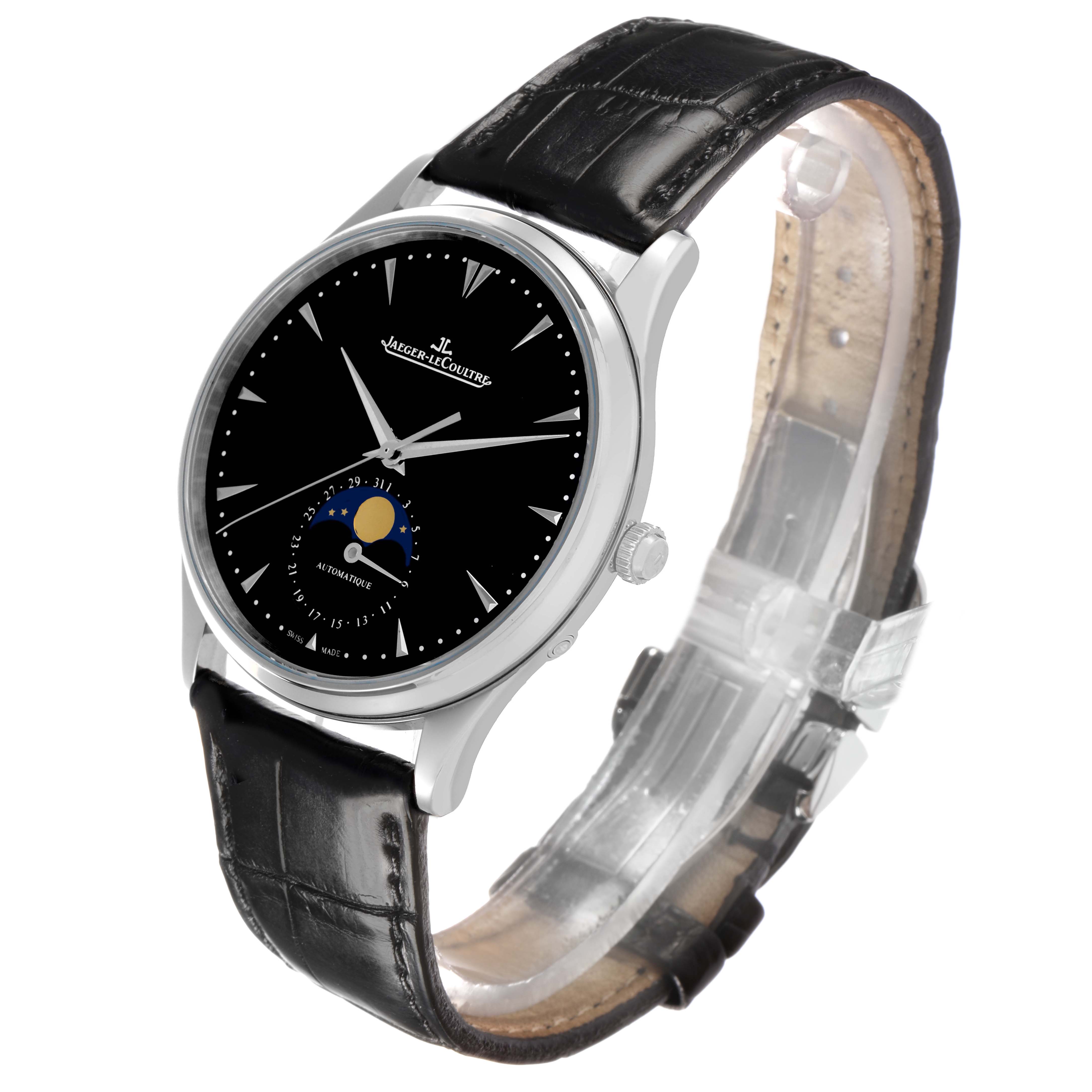 The Jaeger-LeCoultre Master model is shown at an oblique angle, highlighting the dial, crown, and black leather strap.
