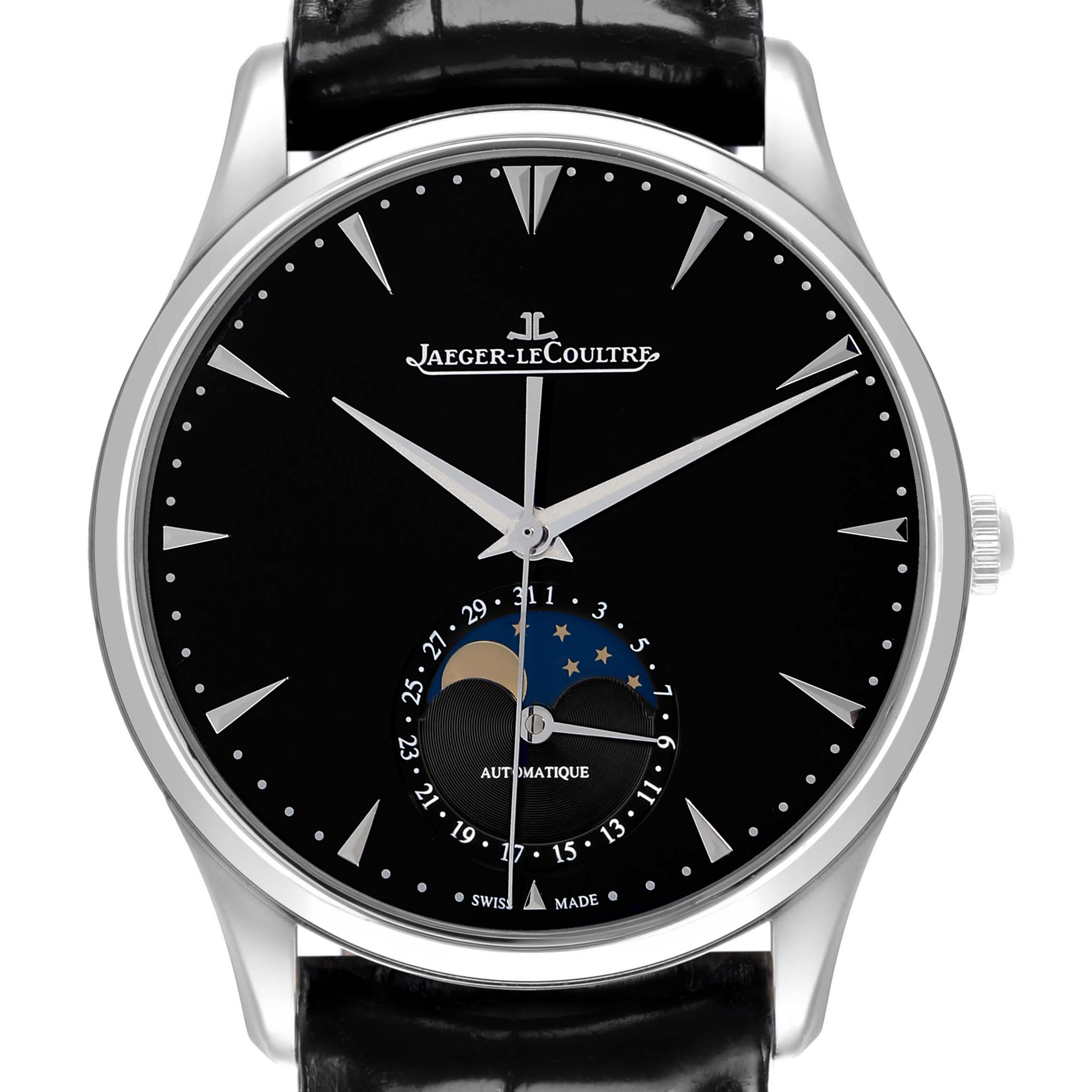 The Jaeger LeCoultre Master Q1368470 Men's Stainless Steel Black Dial watch is shown from a front angle, highlighting its black dial, moon phase, and date indicator.