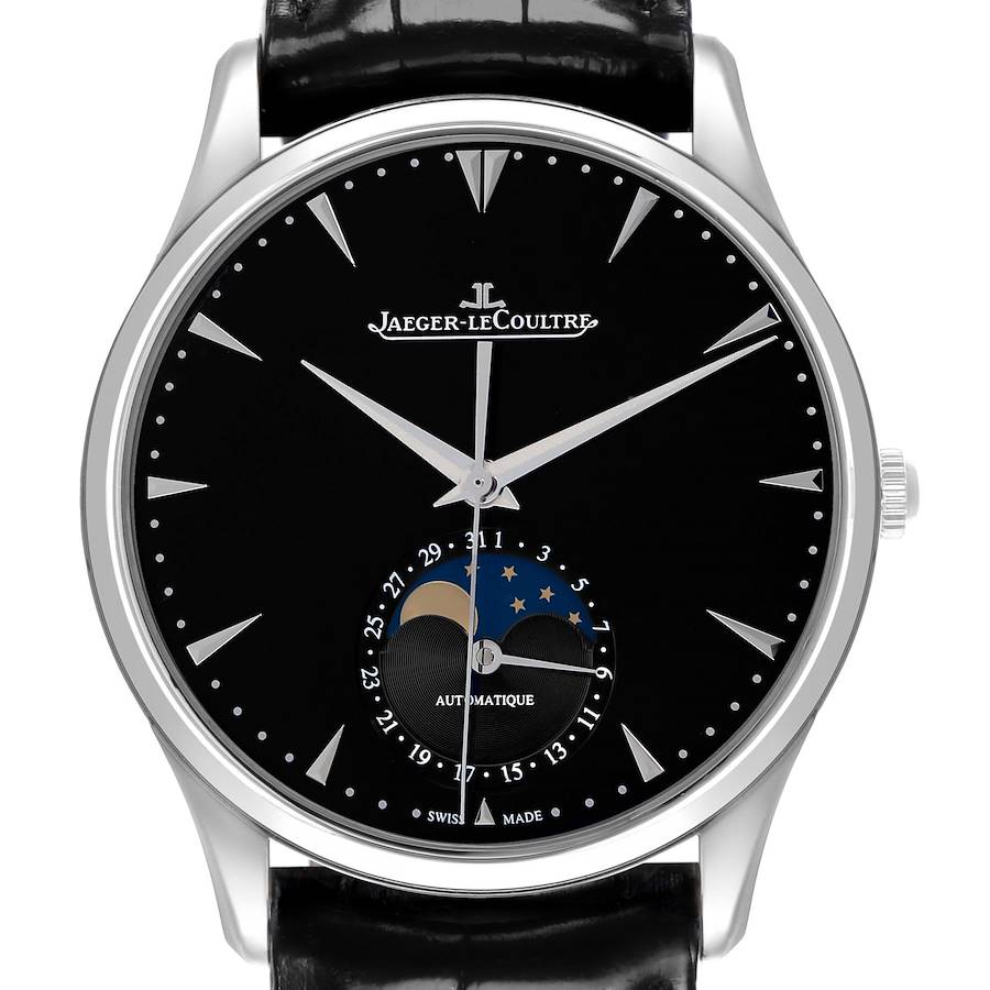 The Jaeger LeCoultre Master Q1368470 Men's Stainless Steel Black Dial watch is shown from a front angle, highlighting its black dial, moon phase, and date indicator.
