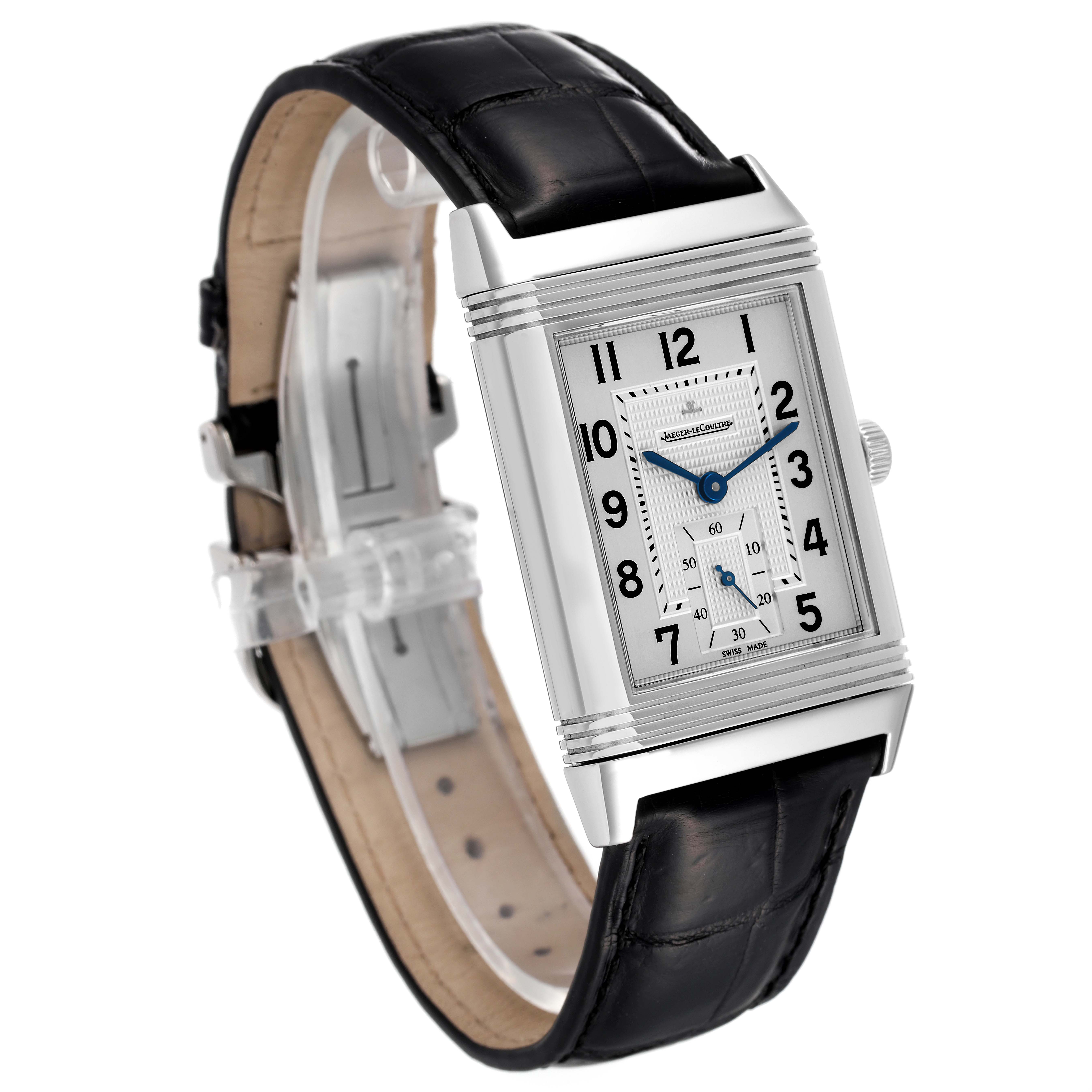 The image shows a Jaeger LeCoultre Reverso Q3738420 Men's Stainless Steel Silver Dial Q3738420 Men's Stainless Steel Silver Dial watch angled slightly to the left, highlighting its rectangular face and black leather strap.