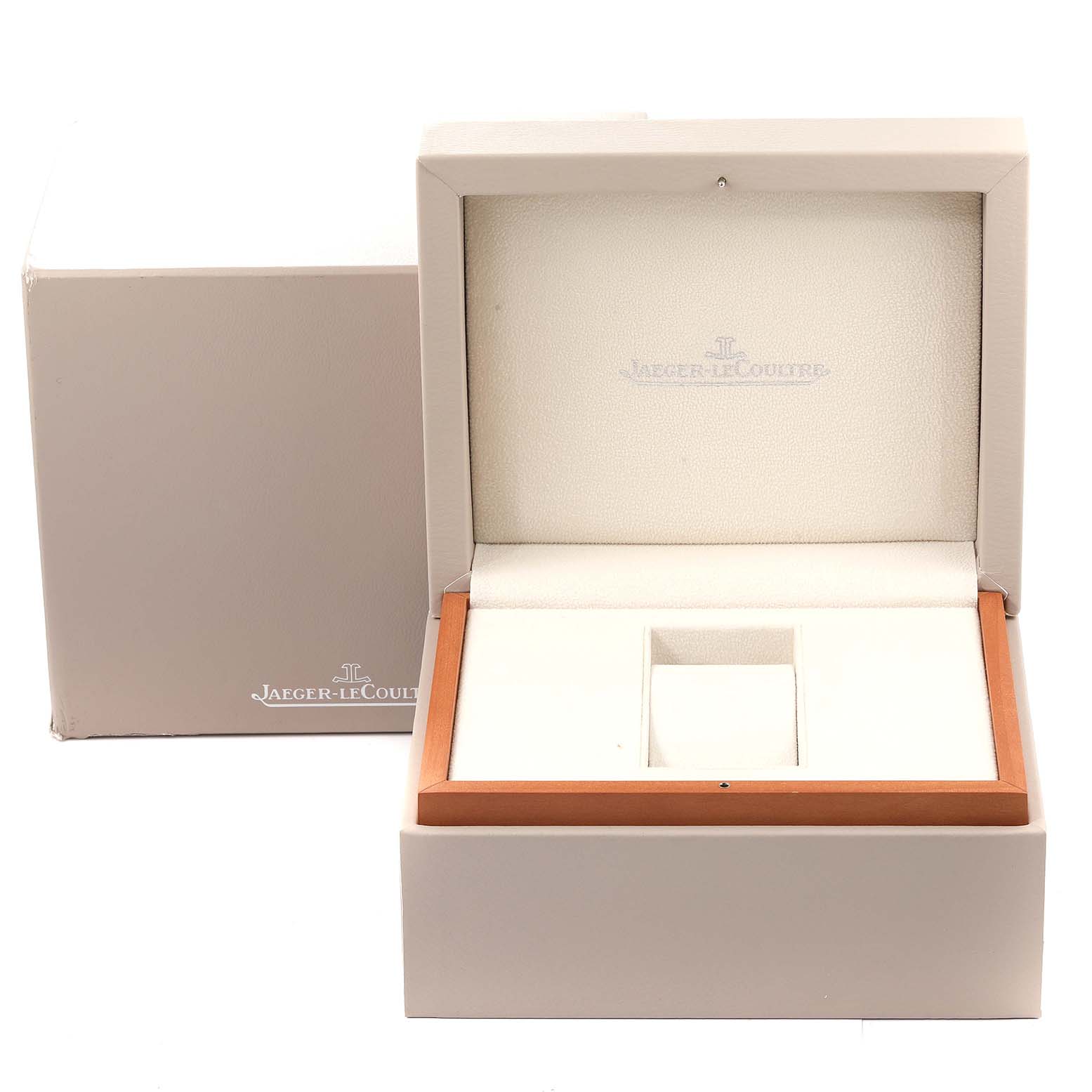 The image shows an open Jaeger LeCoultre Reverso Q3738420 Men's Stainless Steel Silver Dial Q3738420 Men's Stainless Steel Silver Dial watch box and its outer packaging.
