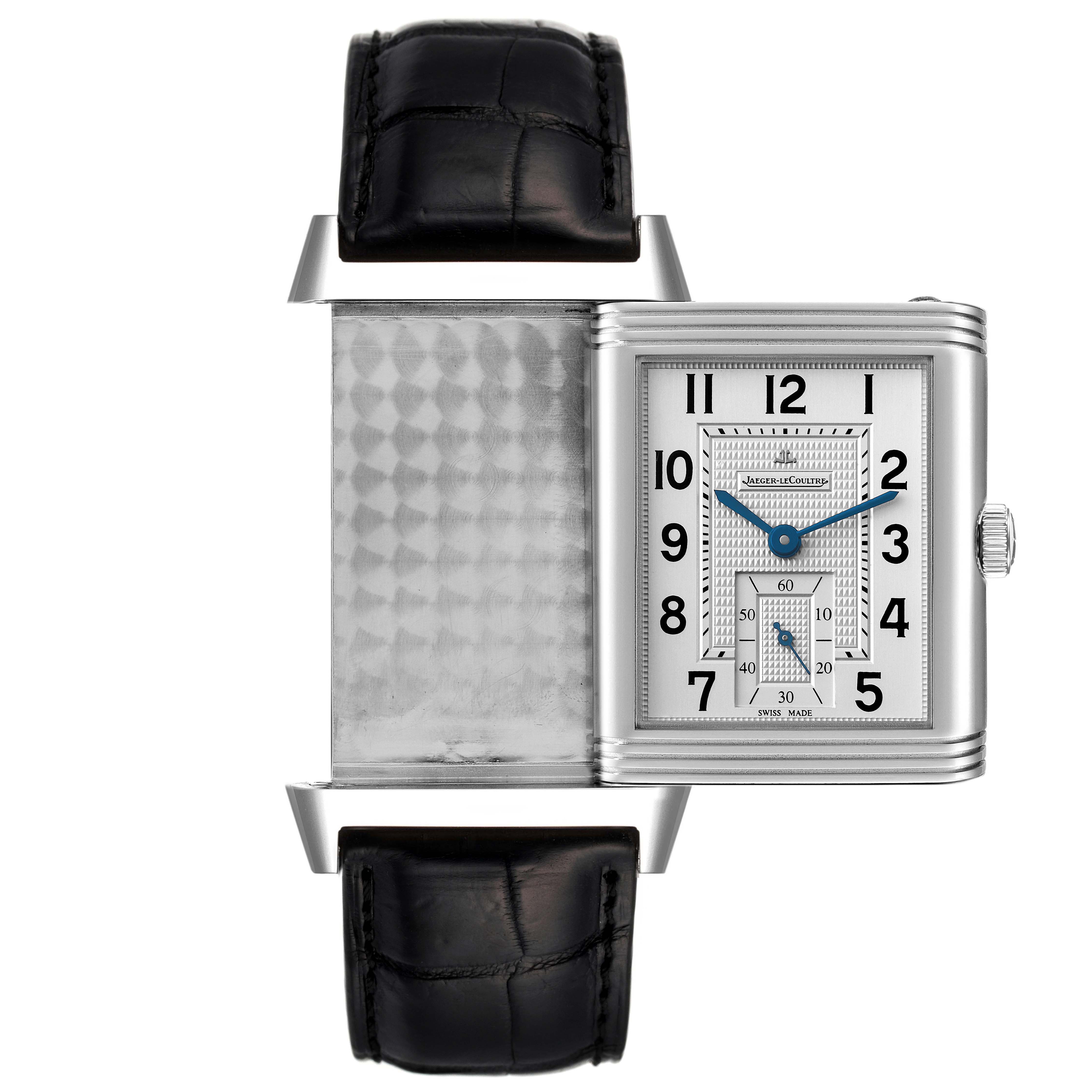 The image shows the Jaeger LeCoultre Reverso Q3738420 Men's Stainless Steel Silver Dial Q3738420 Men's Stainless Steel Silver Dial watch partially inverted, revealing both the watch face and the back side.