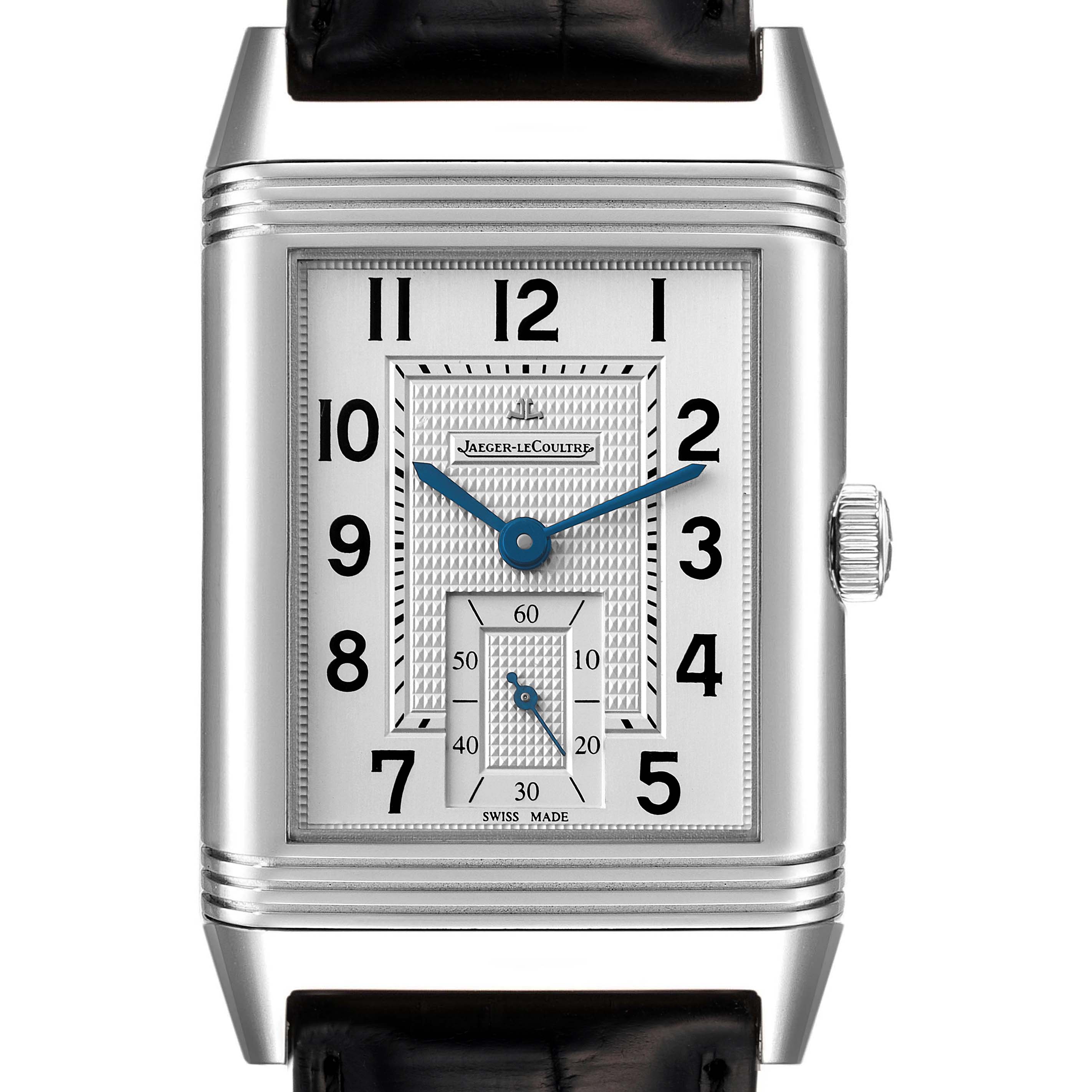This image shows a front view of the Jaeger LeCoultre Reverso Q3738420 Men's Stainless Steel Silver Dial Q3738420 Men's Stainless Steel Silver Dial watch, highlighting the dial, blue hands, and crown.