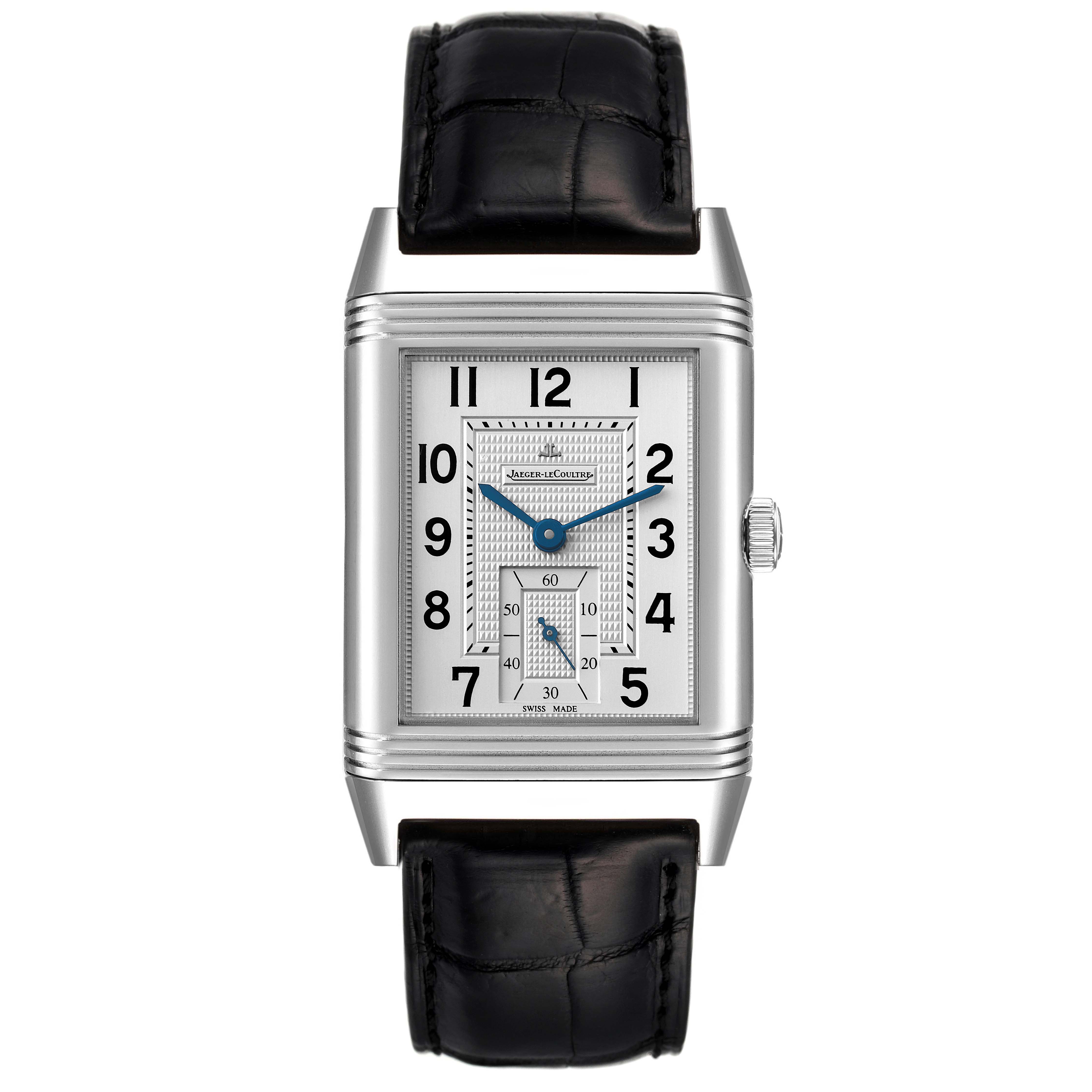 The Jaeger LeCoultre Reverso Q3738420 Men's Stainless Steel Silver Dial Q3738420 Men's Stainless Steel Silver Dial watch is shown from a direct front angle, displaying its face, hands, and strap.