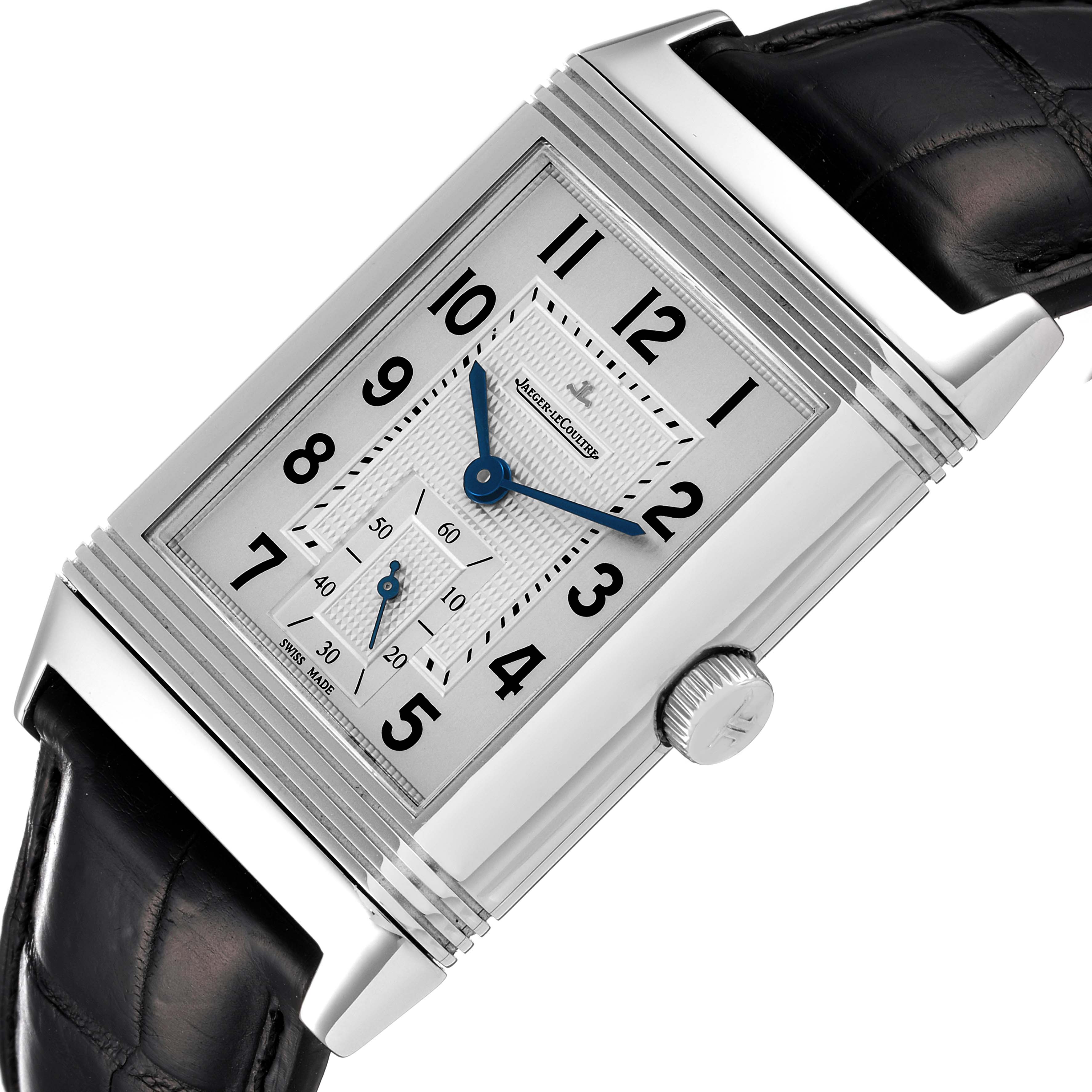 The image shows a Jaeger LeCoultre Reverso Q3738420 Men's Stainless Steel Silver Dial Q3738420 Men's Stainless Steel Silver Dial watch at a slight angle, highlighting its rectangular face, dial, and black leather strap.