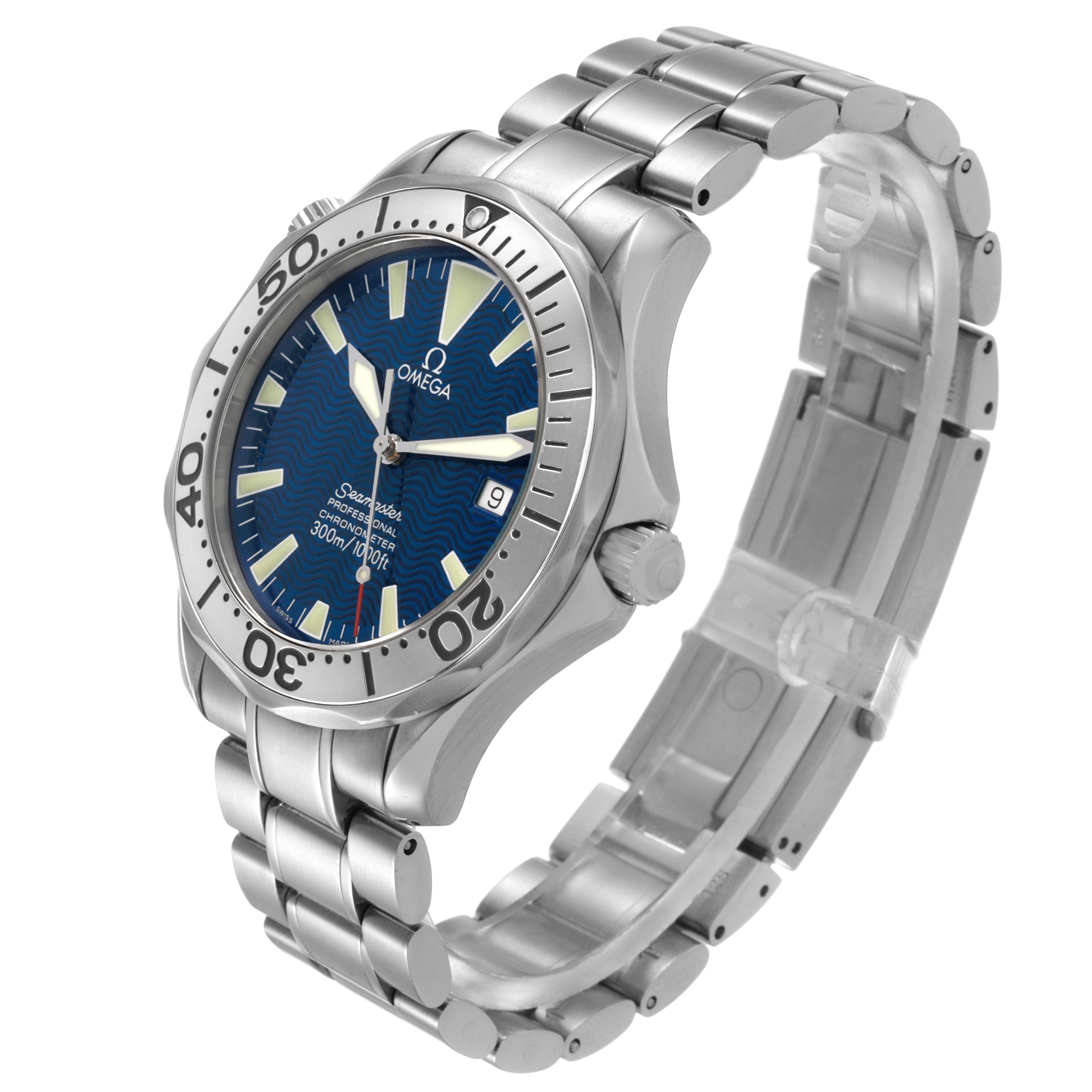 The Omega Seamaster 2255.80.00 Men's Stainless Steel Blue Dial watch is shown at an angled side view, displaying the face, bezel, bracelet, and crown.