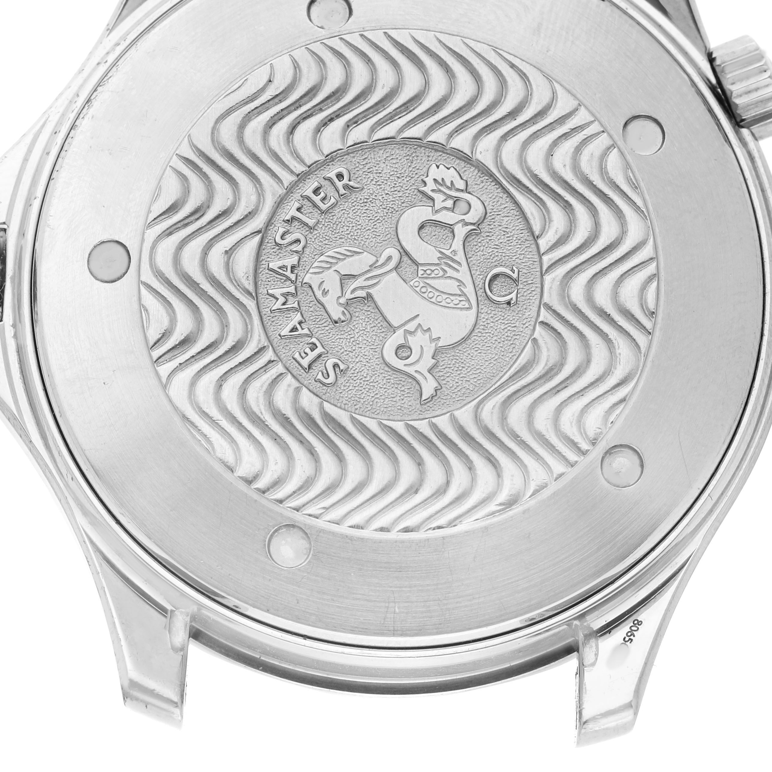 The image shows the back of an Omega Seamaster 2255.80.00 Men's Stainless Steel Blue Dial watch with a detailed wave pattern and logo.