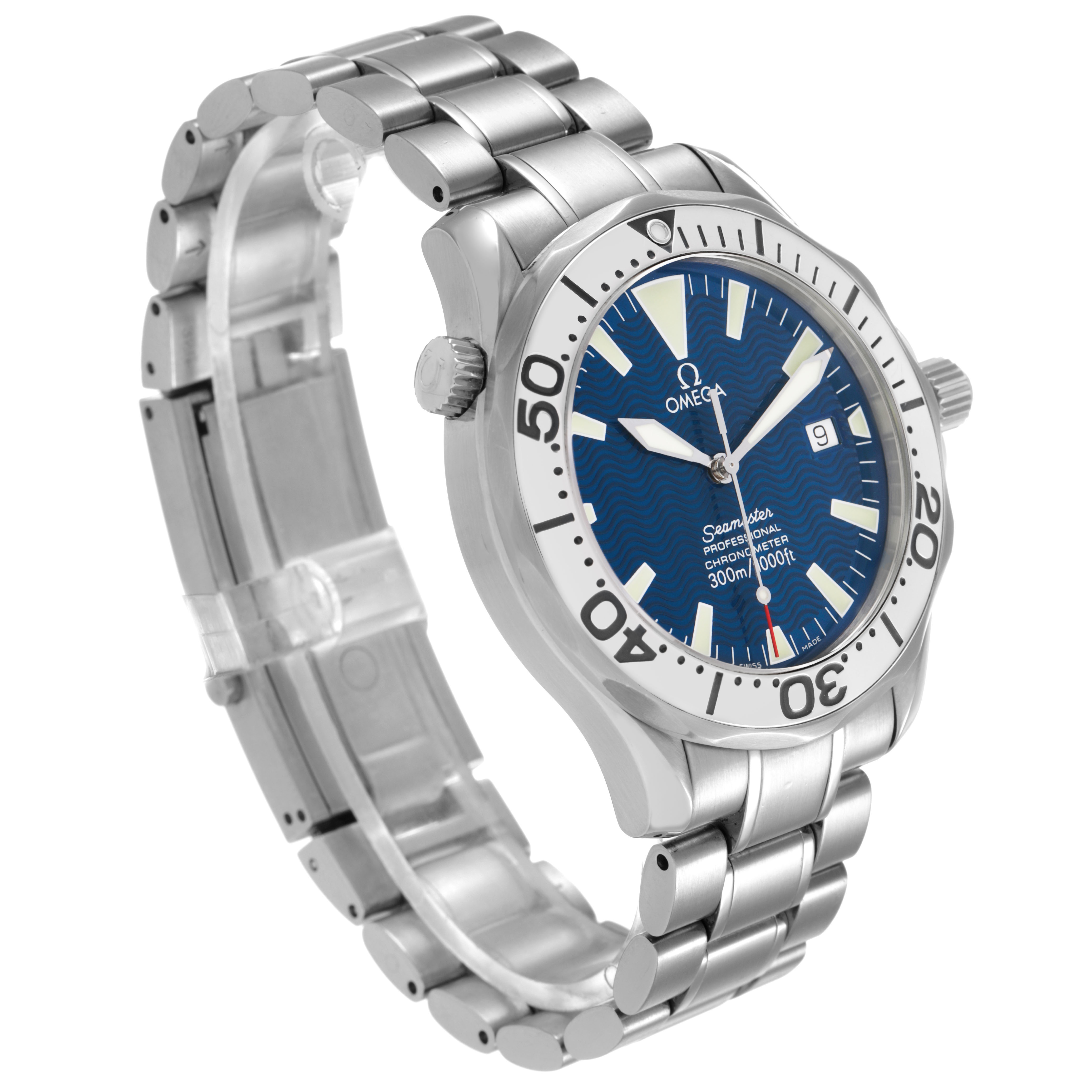 The Omega Seamaster 2255.80.00 Men's Stainless Steel Blue Dial watch is shown at a three-quarter angle displaying the face, bezel, crown, and metal bracelet.
