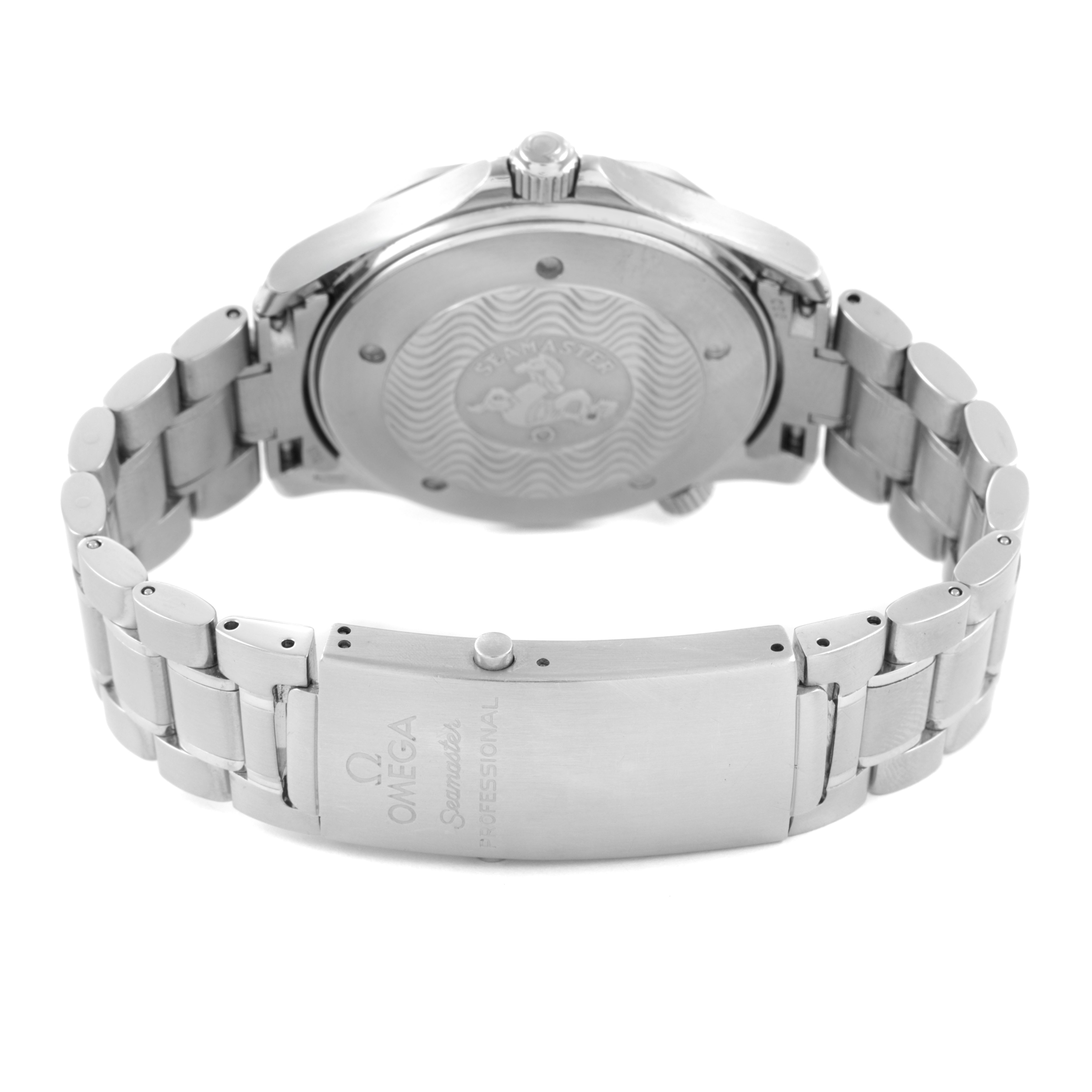 The image shows the back view of an Omega Seamaster 2255.80.00 Men's Stainless Steel Blue Dial watch, displaying the caseback and metal bracelet clasp.