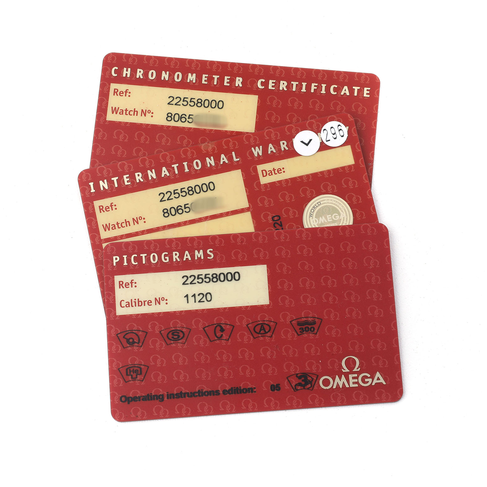 The image shows various certification cards for an Omega Seamaster 2255.80.00 Men's Stainless Steel Blue Dial, including a chronometer certificate and international warranty.