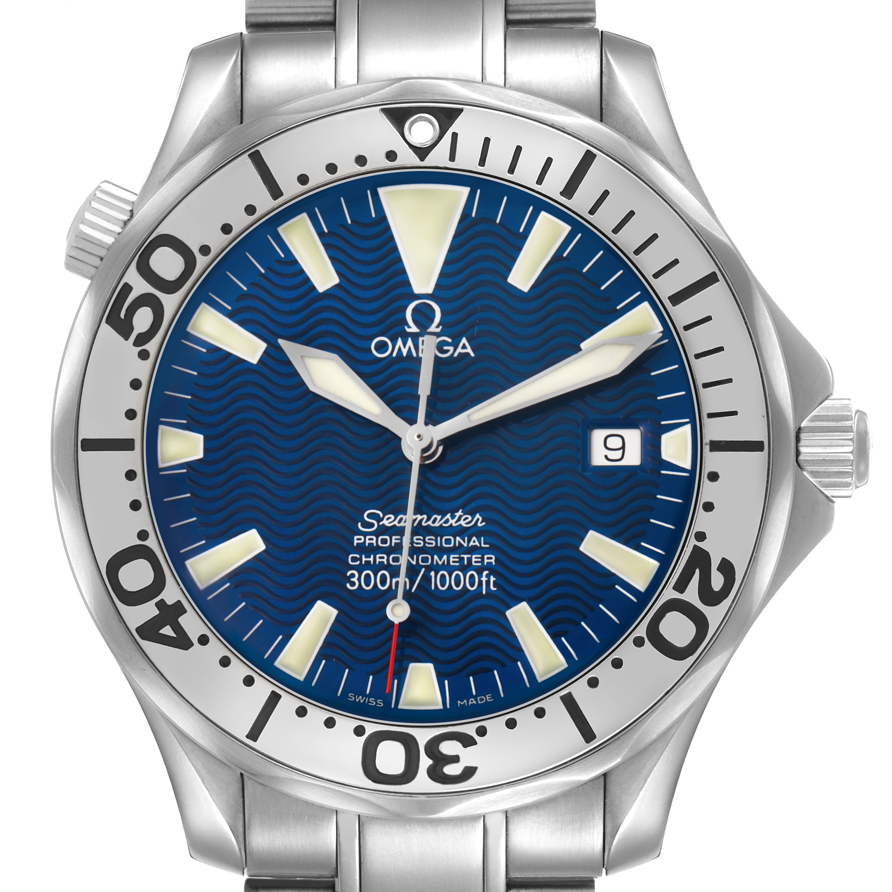 The Omega Seamaster 2255.80.00 Men's Stainless Steel Blue Dial watch is shown from the front, highlighting the dial, bezel, and date window.