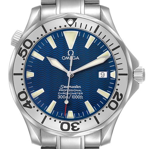 The image shows the Omega Seamaster 2255.80.00 Men's Stainless Steel Blue Dial watch from a front angle, highlighting the dial, bezel, and crown.