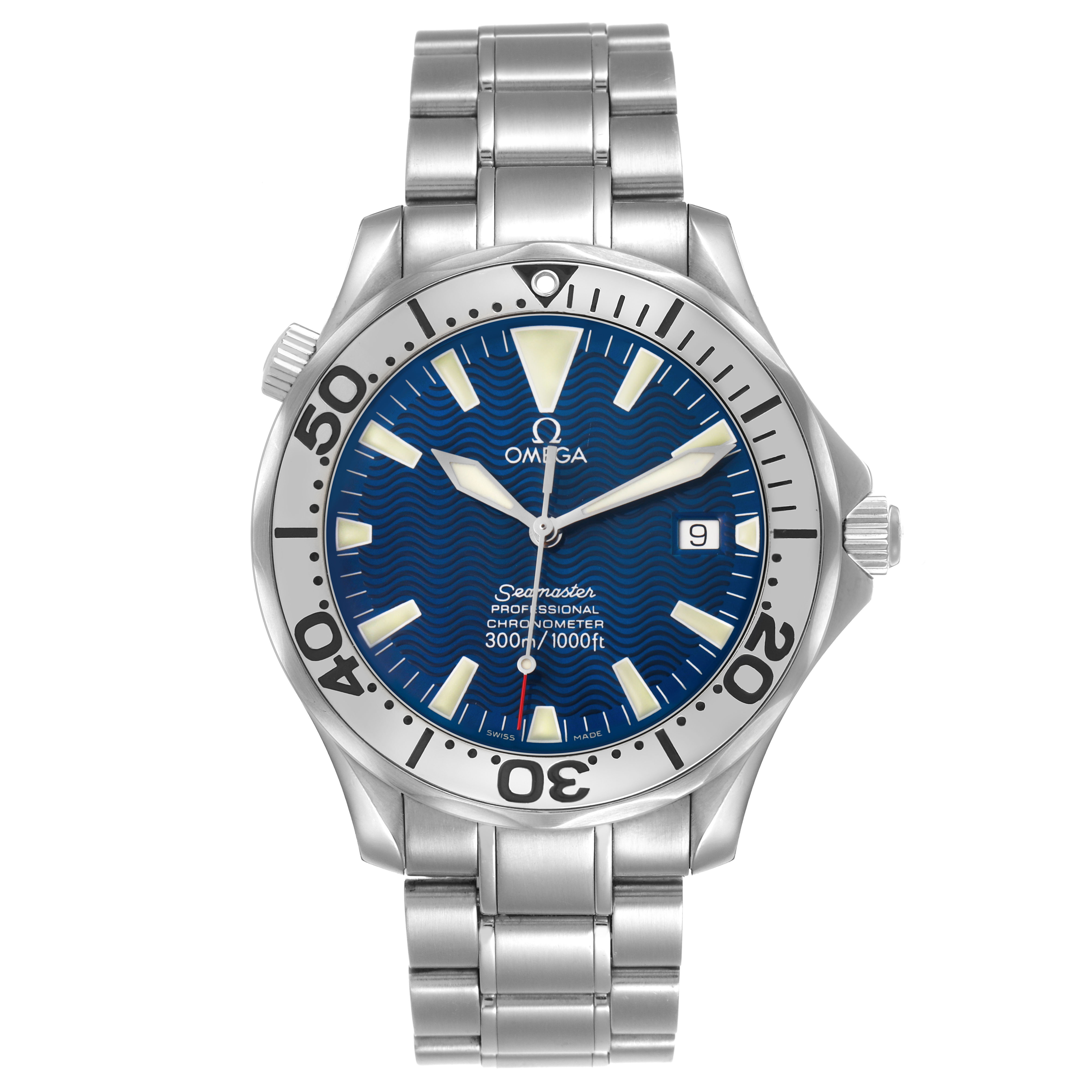 The Omega Seamaster 2255.80.00 Men's Stainless Steel Blue Dial watch is shown from the front, displaying its face, bezel, and metal bracelet.
