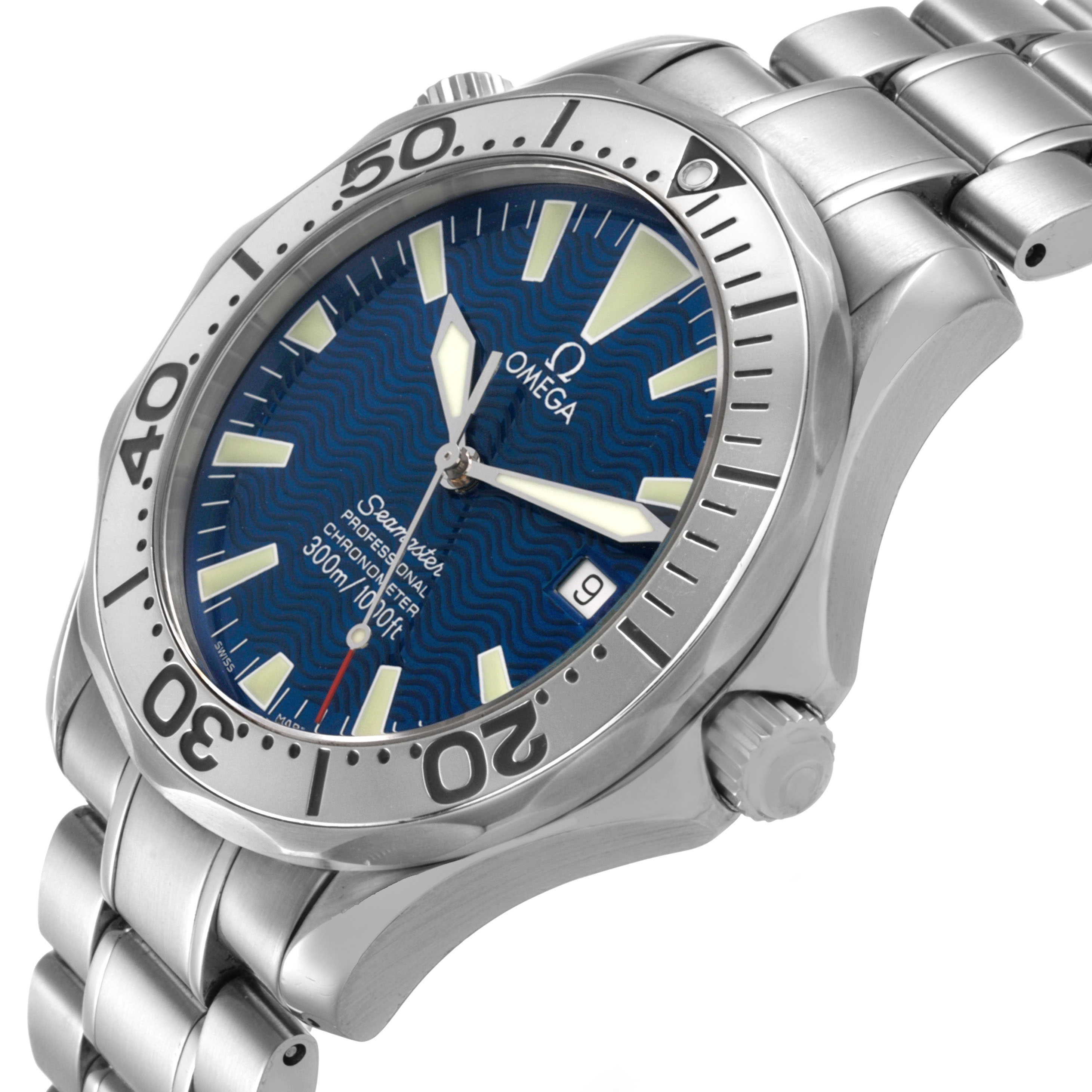 The Omega Seamaster 2255.80.00 Men's Stainless Steel Blue Dial watch is shown at a three-quarter angle, highlighting the bezel, dial, crown, and bracelet.