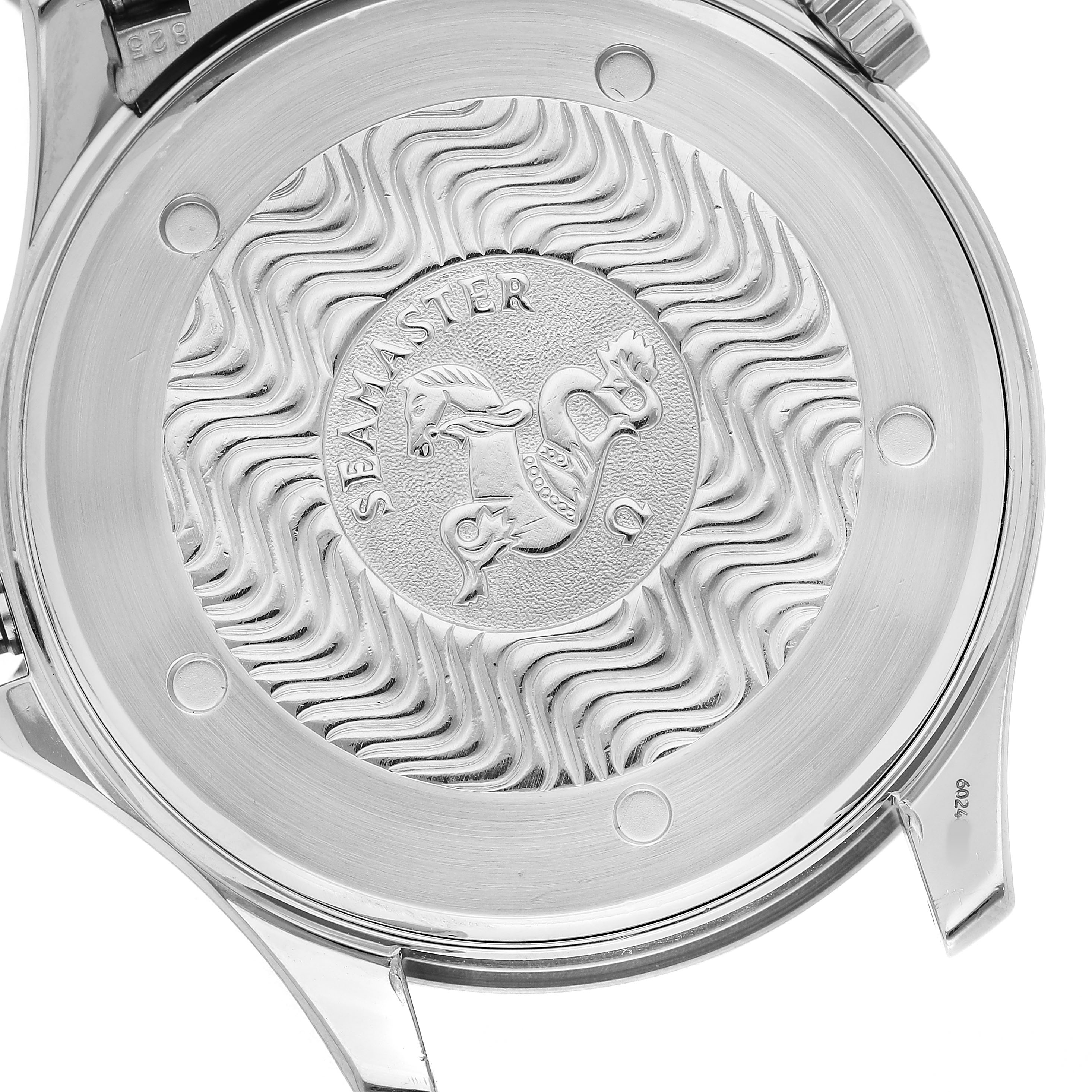 The image shows the back case of an Omega Seamaster 2531.80.00 Men's Stainless Steel Blue Dial watch, highlighting the engraved design and logo.