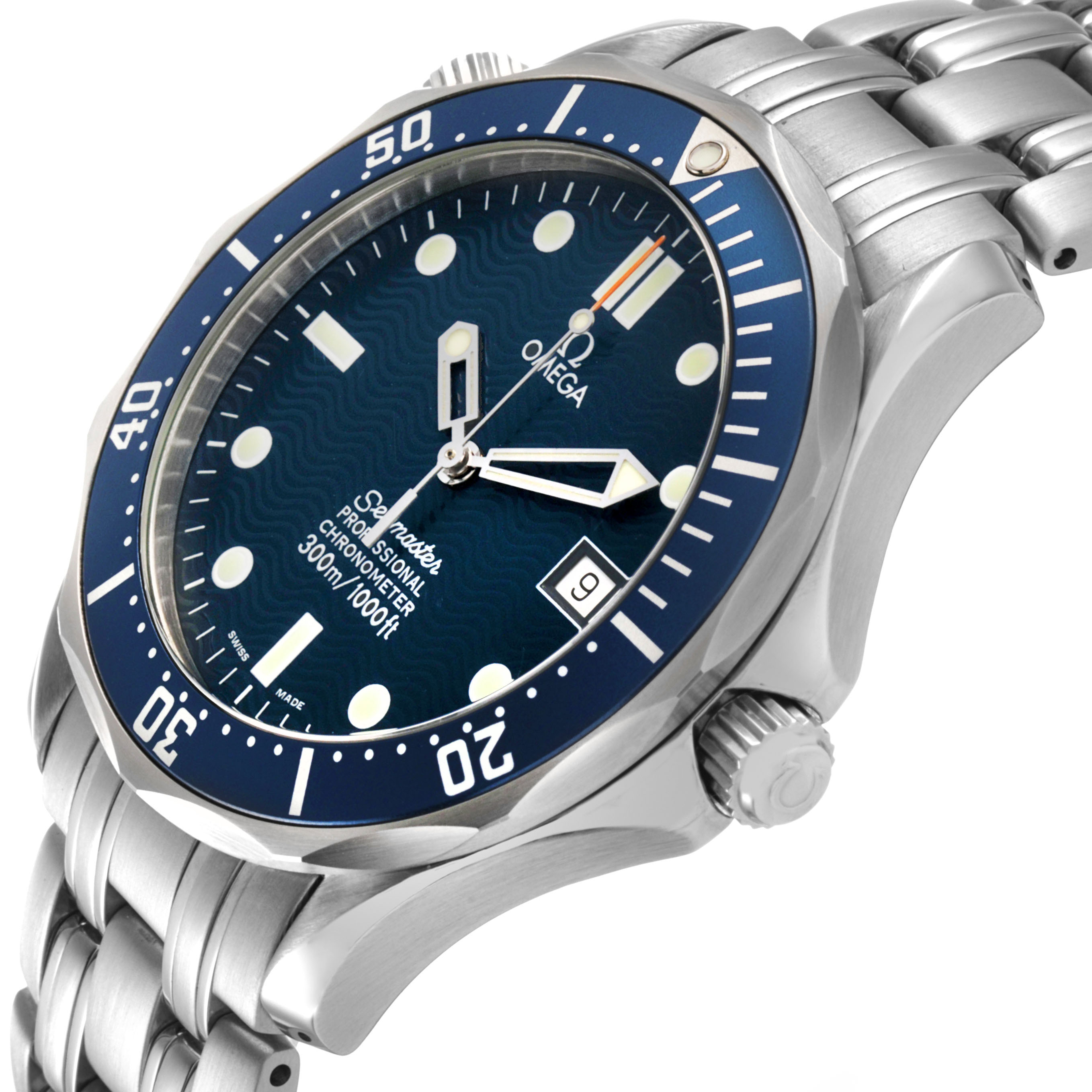 The Omega Seamaster 2531.80.00 Men's Stainless Steel Blue Dial watch is shown at an angled side view, highlighting the bezel, dial, crown, and bracelet.