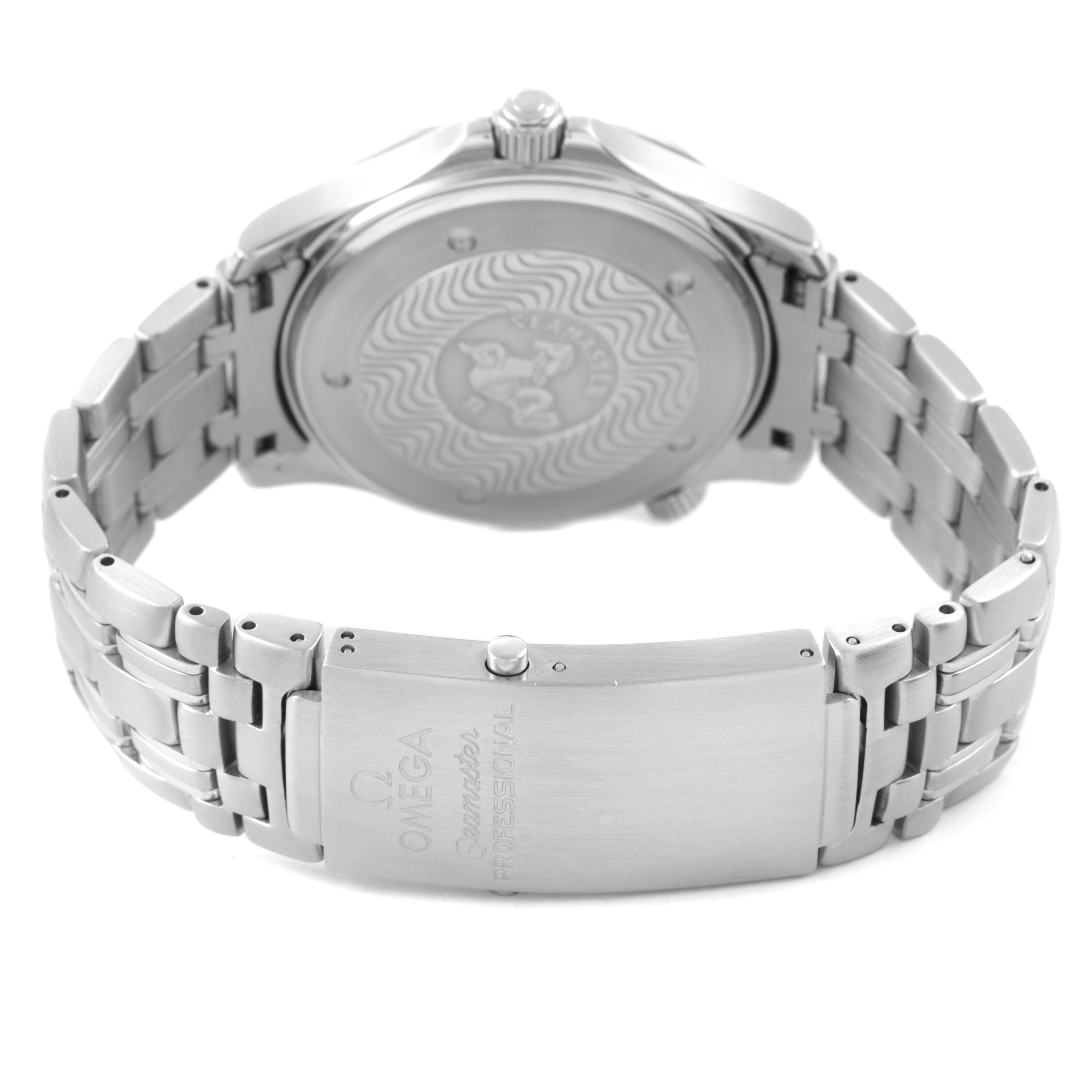 The image shows the back and bracelet clasp of an Omega Seamaster 2531.80.00 Men's Stainless Steel Blue Dial watch.
