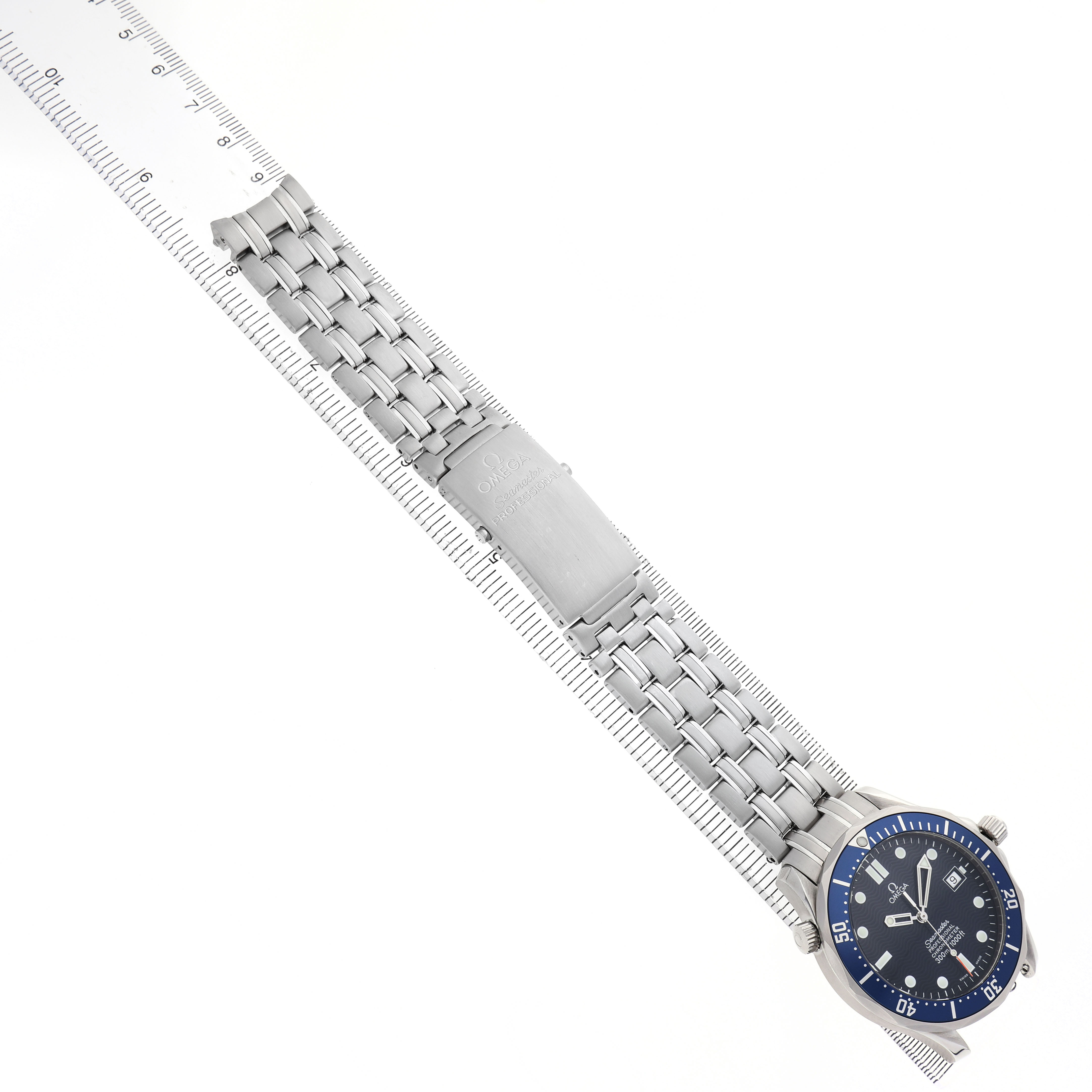 The Omega Seamaster 2531.80.00 Men's Stainless Steel Blue Dial watch is shown from a top-down angle, displaying the face, bracelet, and clasp.
