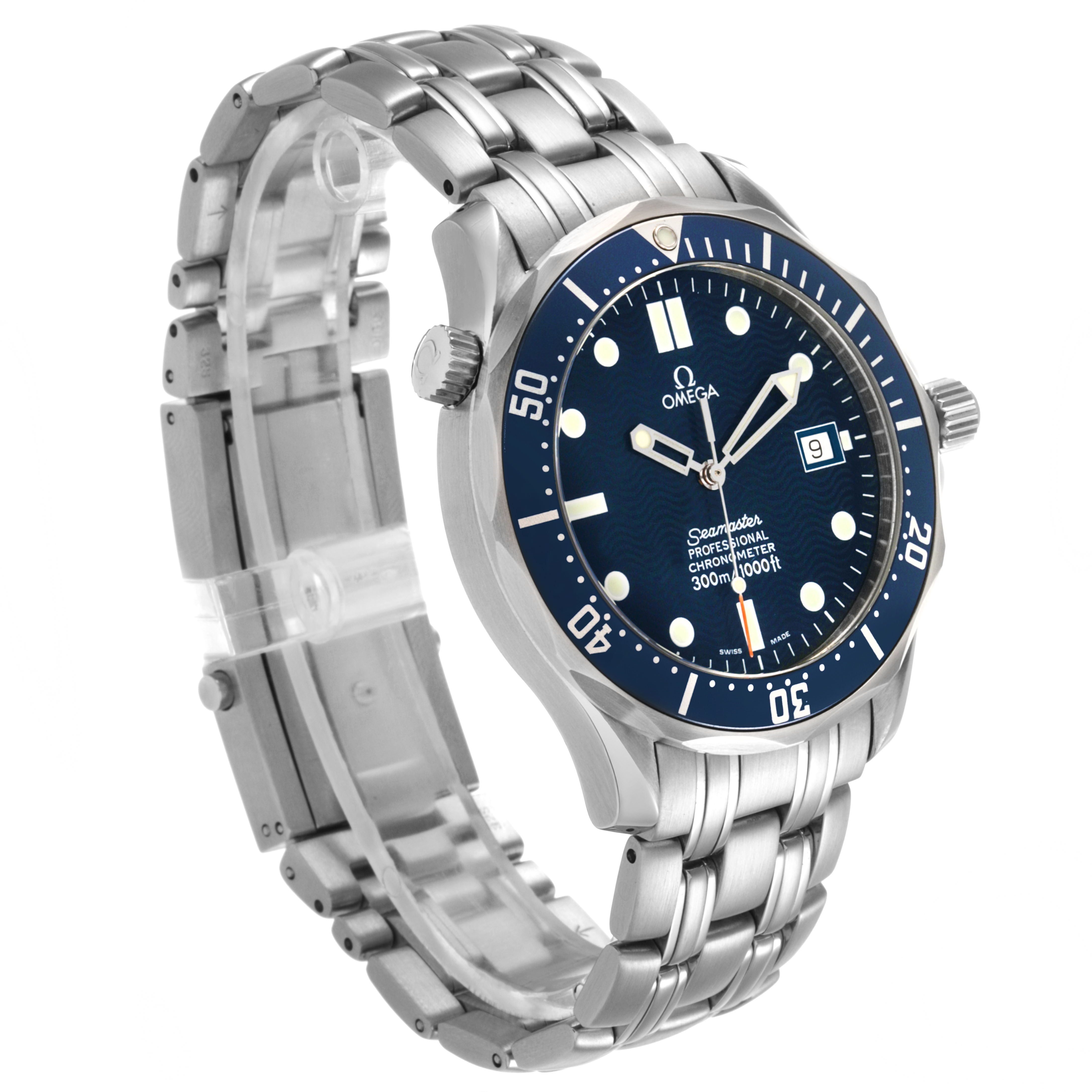 The Omega Seamaster 2531.80.00 Men's Stainless Steel Blue Dial watch is shown from a three-quarter angle, highlighting the bracelet, bezel, and dial.