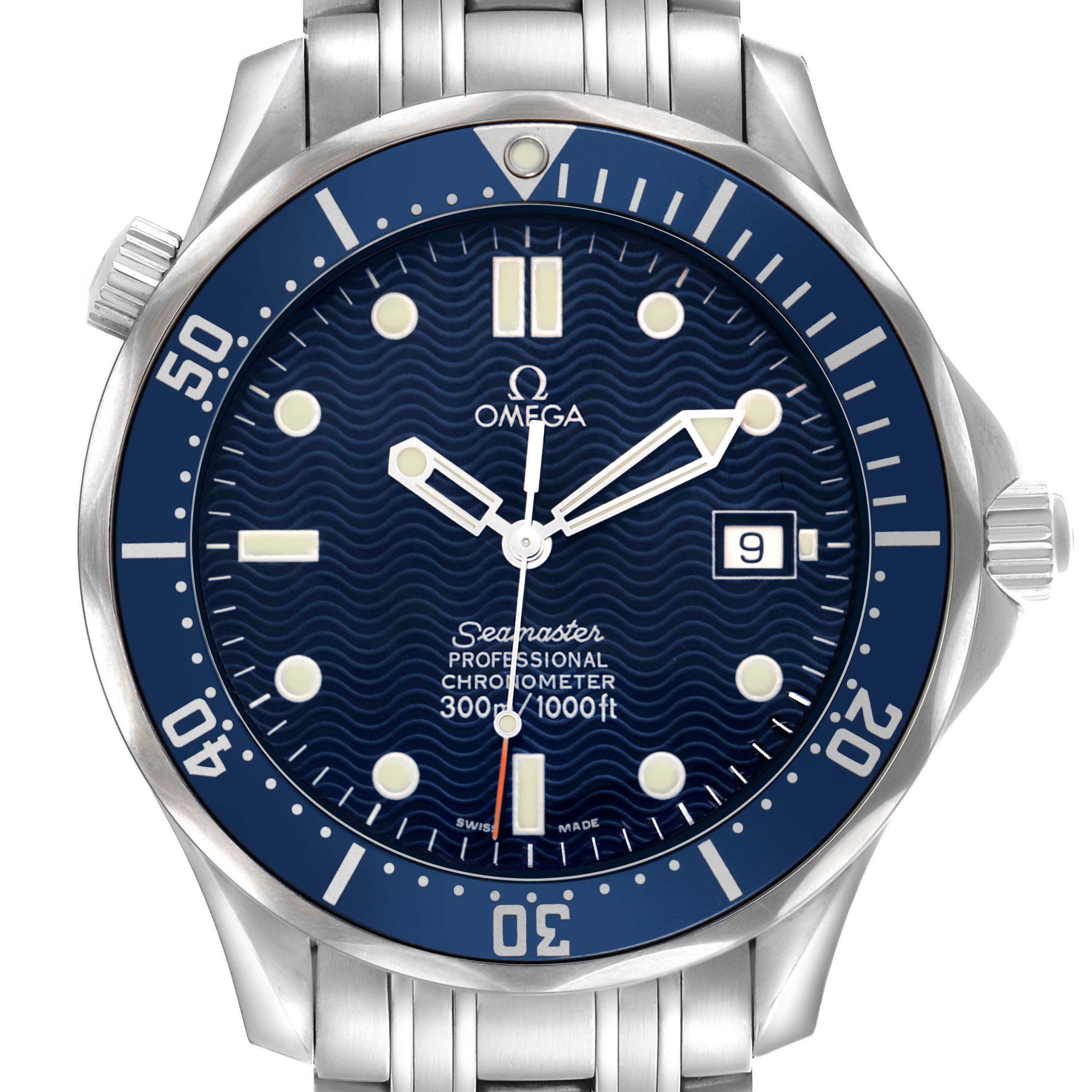 The Omega Seamaster 2531.80.00 Men's Stainless Steel Blue Dial watch is shown from a front angle, highlighting its face, bezel, and stainless steel bracelet.