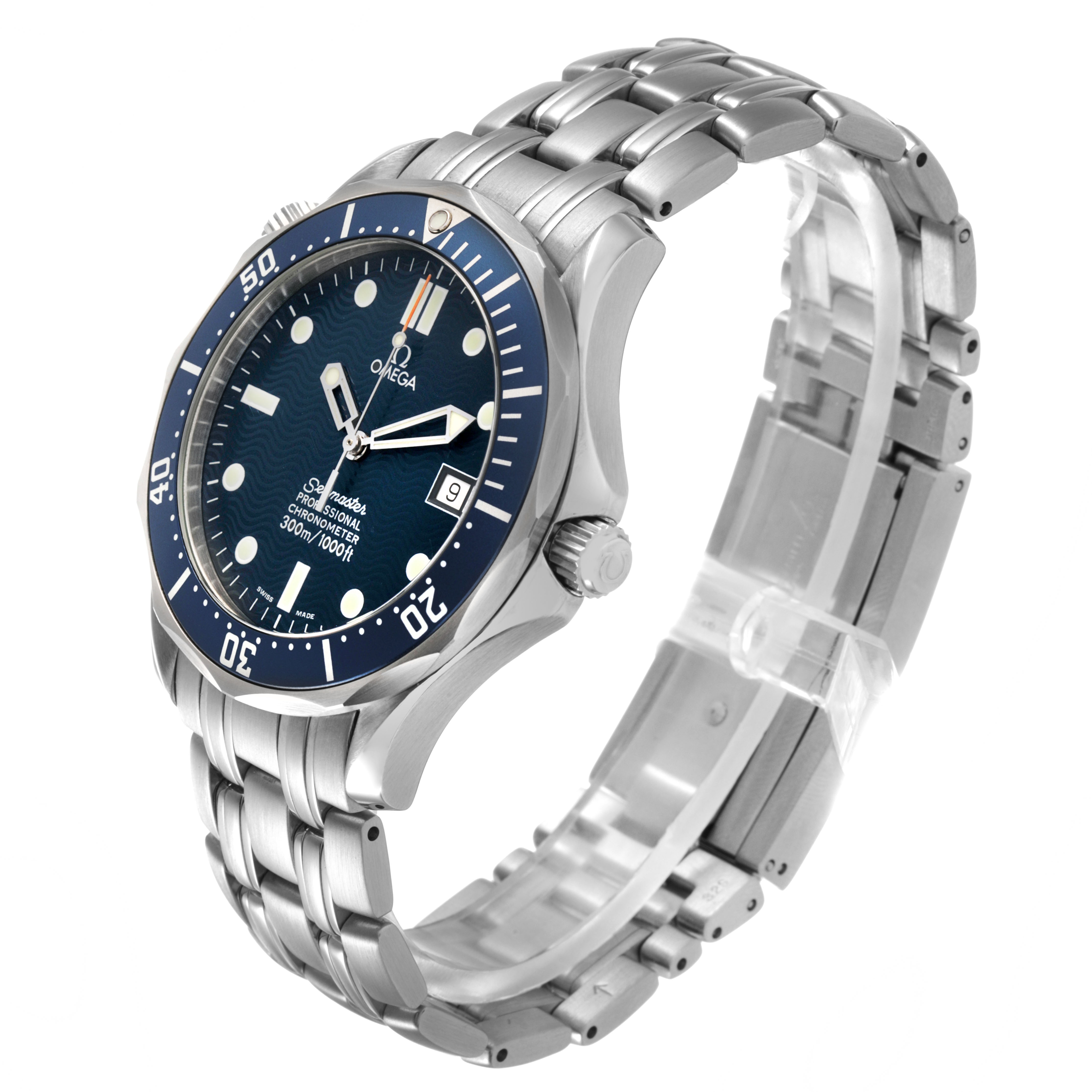 The Omega Seamaster 2531.80.00 Men's Stainless Steel Blue Dial watch is shown at a three-quarter angle, displaying its face, bezel, crown, and stainless steel bracelet.
