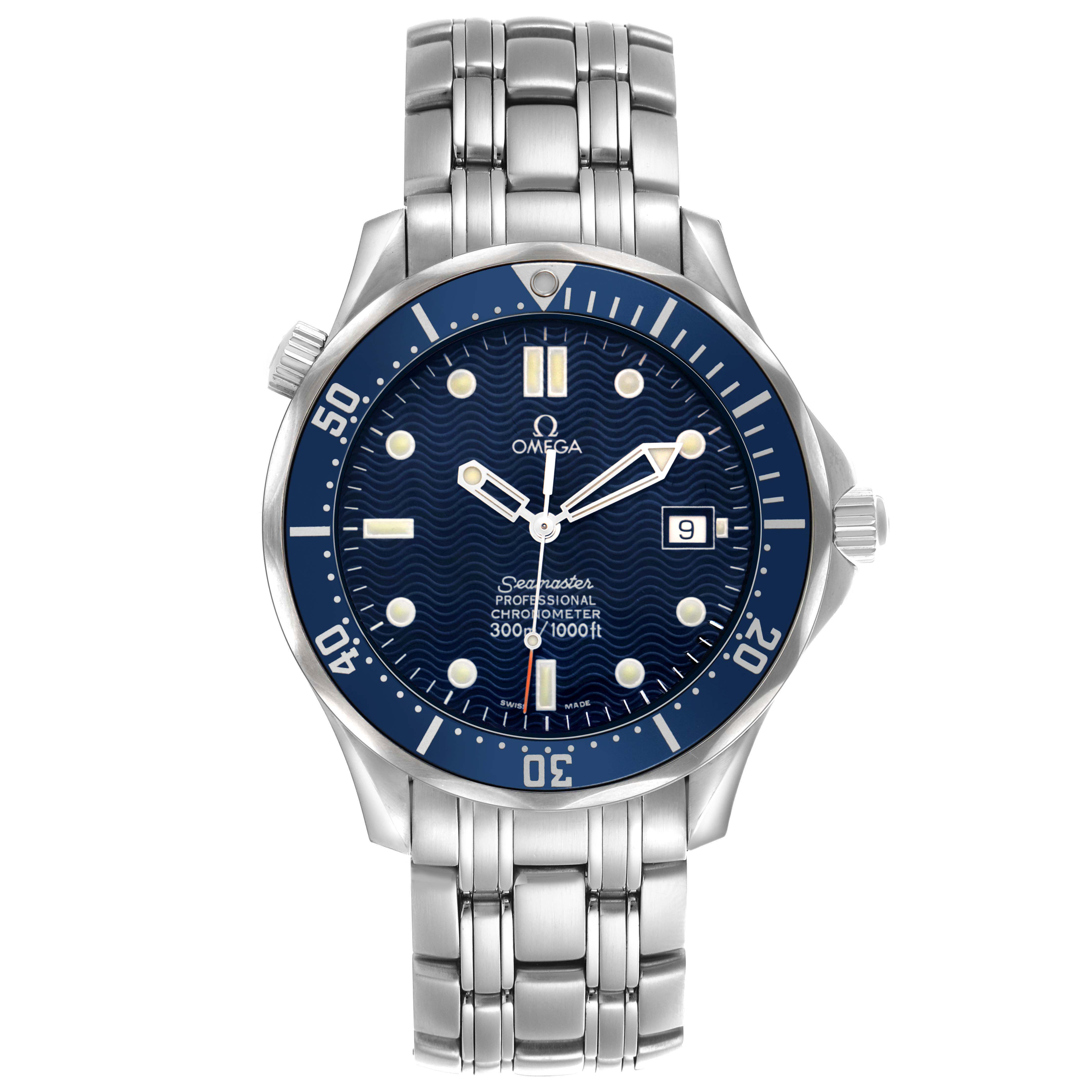 The Omega Seamaster 2531.80.00 Men's Stainless Steel Blue Dial watch is shown from a front view, displaying its bezel, dial, hands, and bracelet.