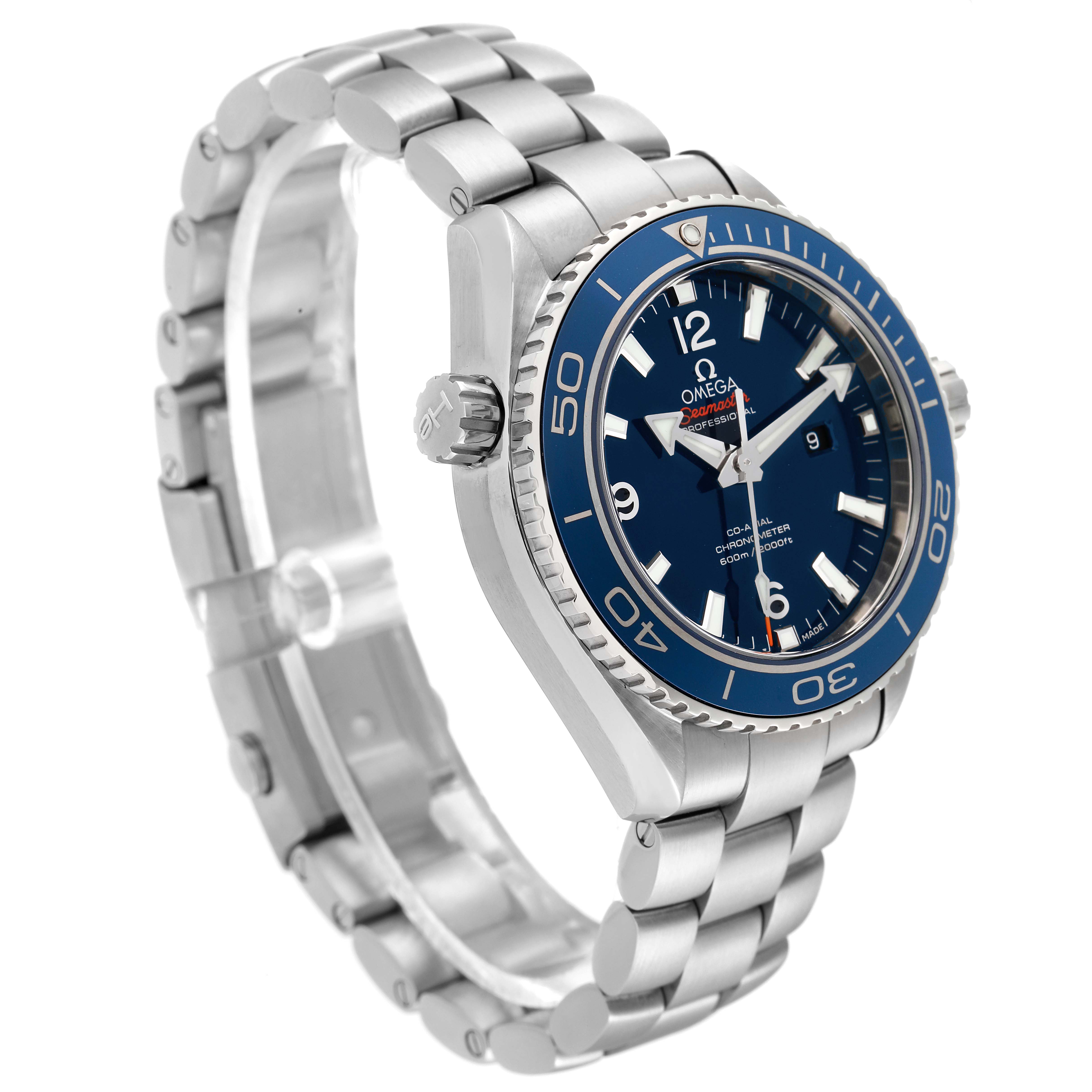 The Omega Planet Ocean 232.90.38.20.03.001 Men's Titanium Blue Dial watch is shown at a three-quarter angle, highlighting the bezel, crown, dial, and bracelet.