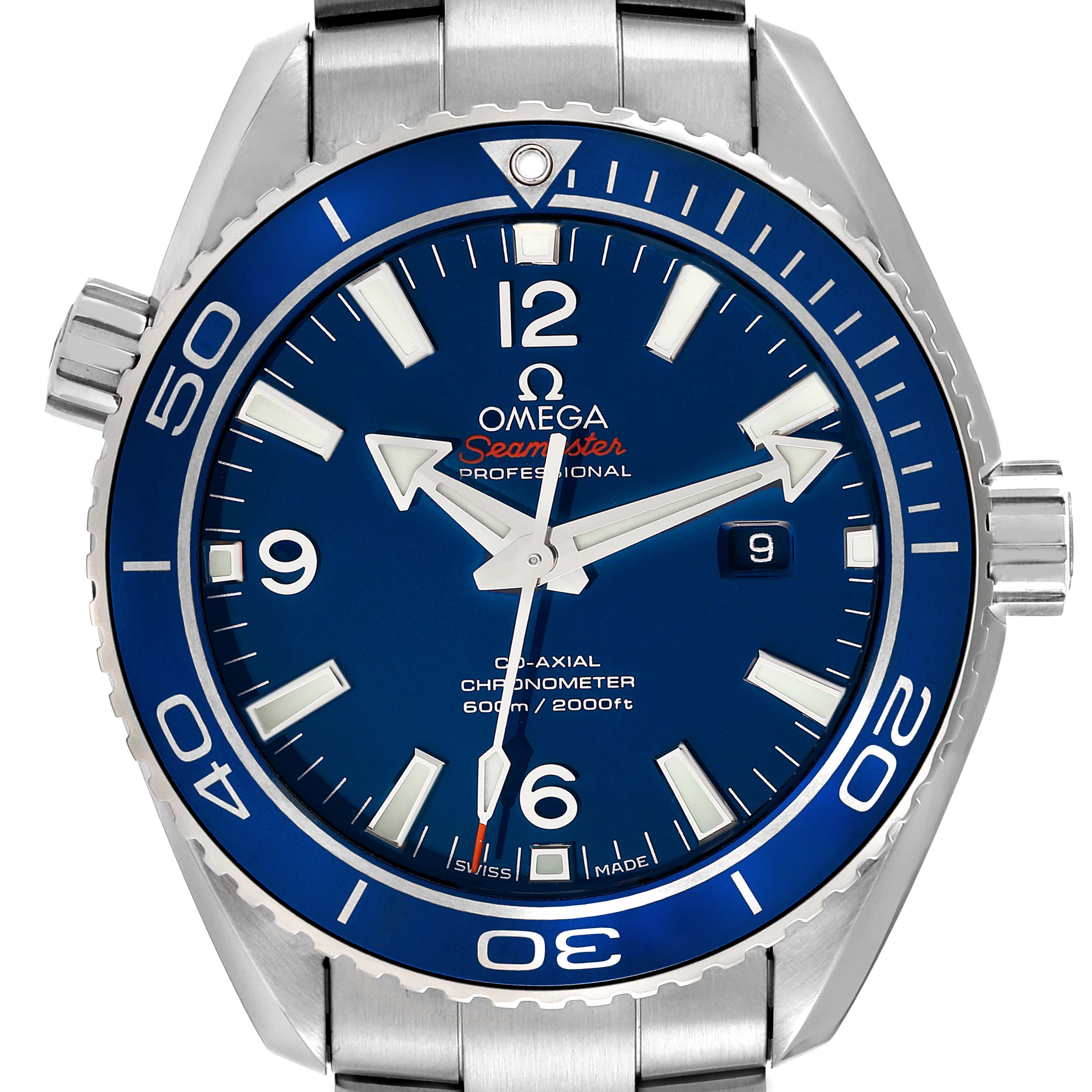 The Omega Planet Ocean 232.90.38.20.03.001 Men's Titanium Blue Dial is shown from a front angle, highlighting its blue dial, bezel, crown, and stainless steel bracelet.