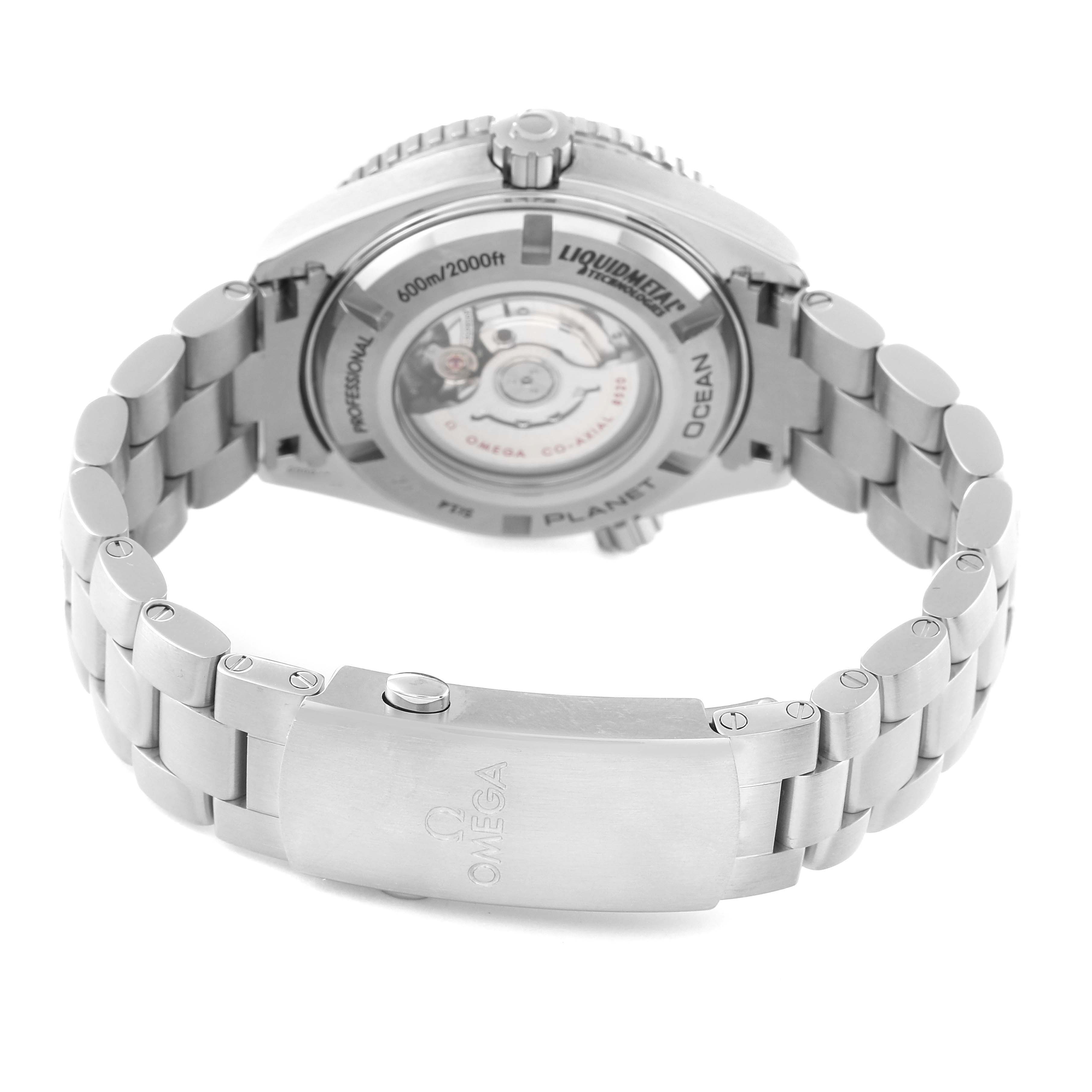 The image shows the Omega Planet Ocean 232.90.38.20.03.001 Men's Titanium Blue Dial watch from a rear angle, highlighting the case back and stainless steel bracelet.