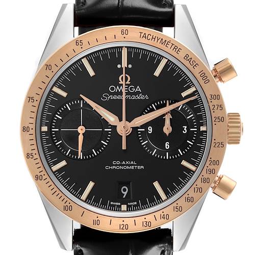 The Omega Speedmaster 331.22.42.51.01.001 Men's Steel and Gold (two tone) Black Dial watch is shown from a front angle, highlighting the dial, bezel, crown, and pushers.