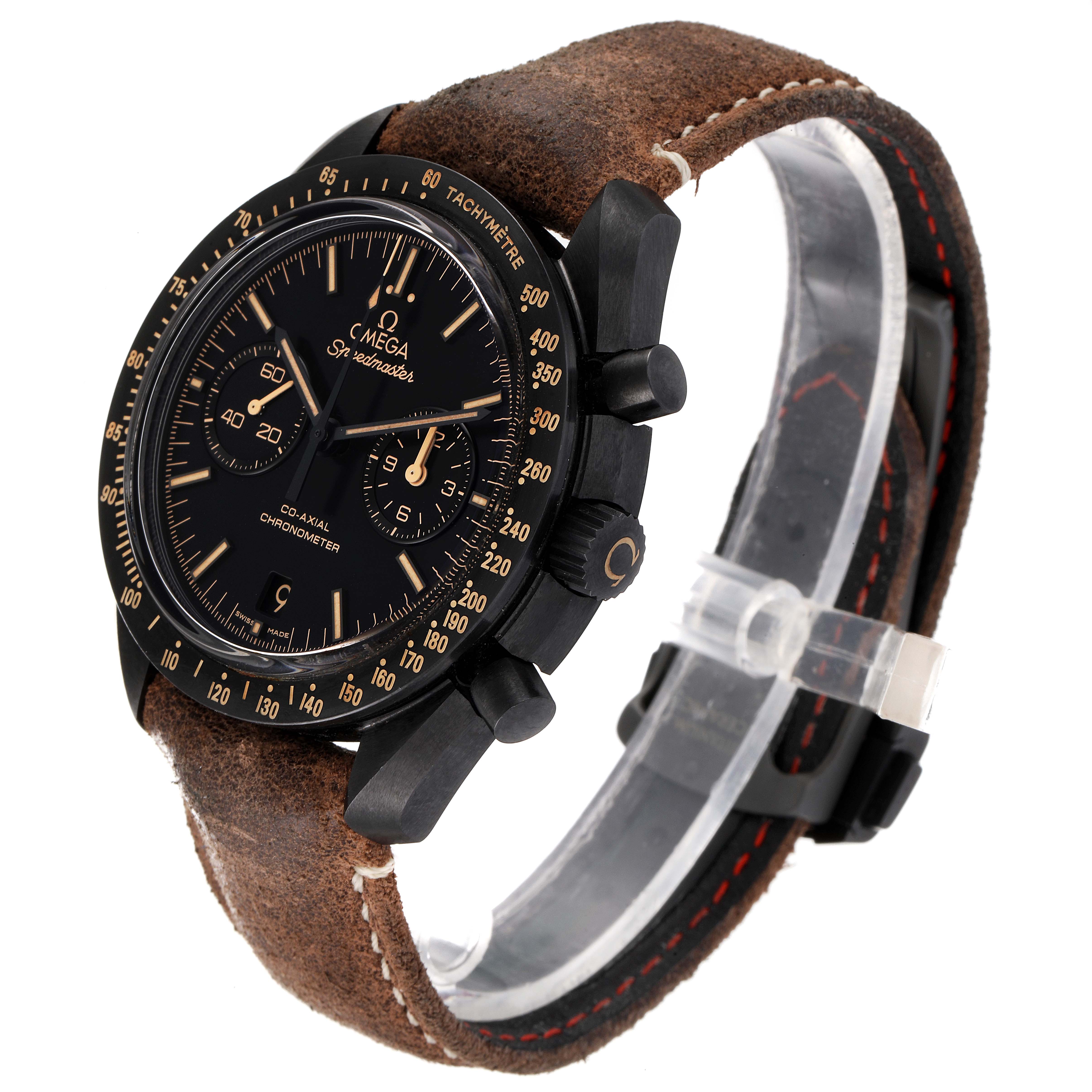 The Omega Speedmaster 311.92.44.51.01.006 Men's Stainless Steel Black Dial 311.92.44.51.01.006 Men's Stainless Steel Black Dial watch is shown at a slight angle, highlighting the dial, bezel, crown, pushers, and leather strap.