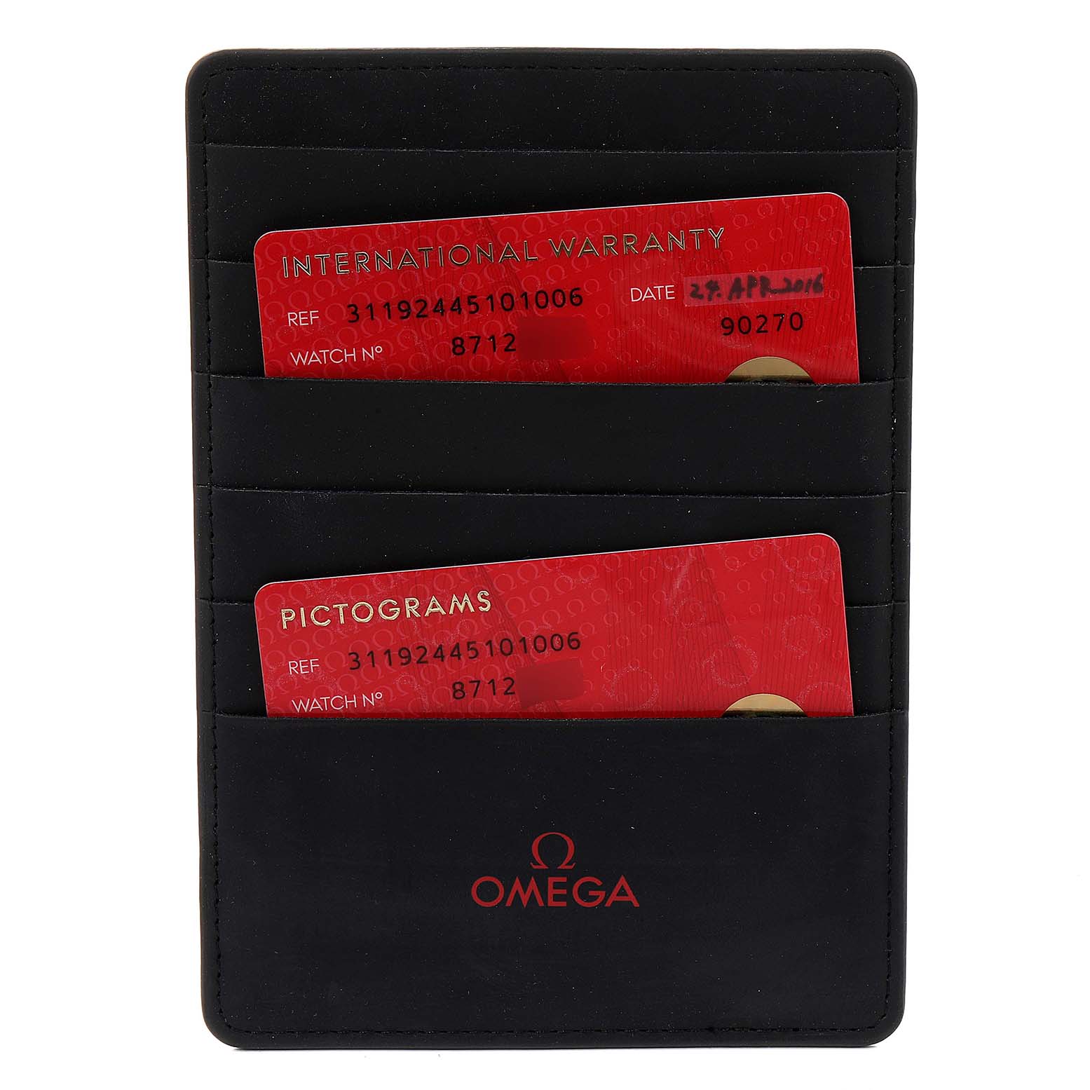 The image shows warranty and pictogram cards in a black Omega card holder for the Omega Speedmaster 311.92.44.51.01.006 Men's Stainless Steel Black Dial 311.92.44.51.01.006 Men's Stainless Steel Black Dial watch.