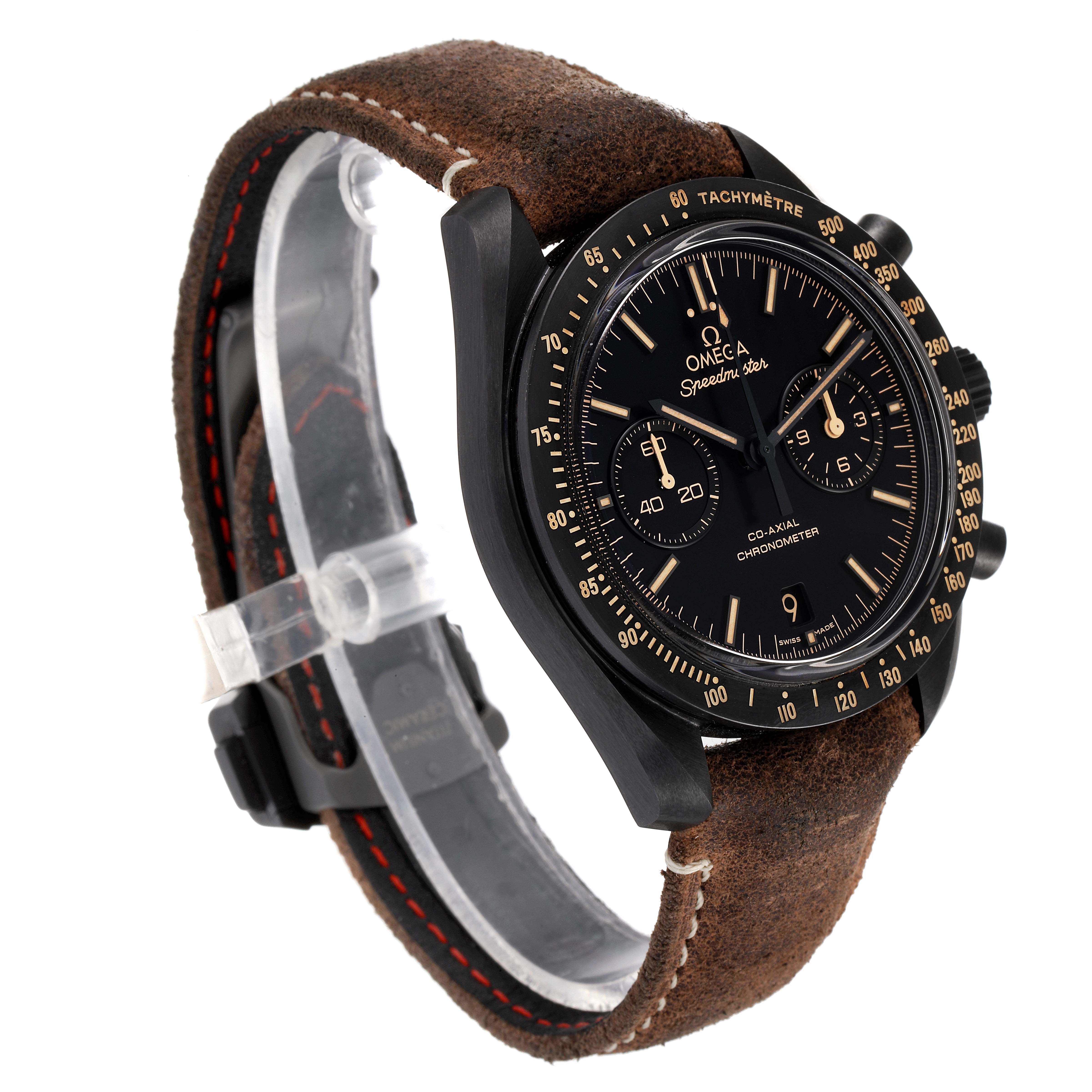 The image shows an Omega Speedmaster 311.92.44.51.01.006 Men's Stainless Steel Black Dial 311.92.44.51.01.006 Men's Stainless Steel Black Dial watch from a three-quarter angle, highlighting its dial, bezel, and brown leather strap.