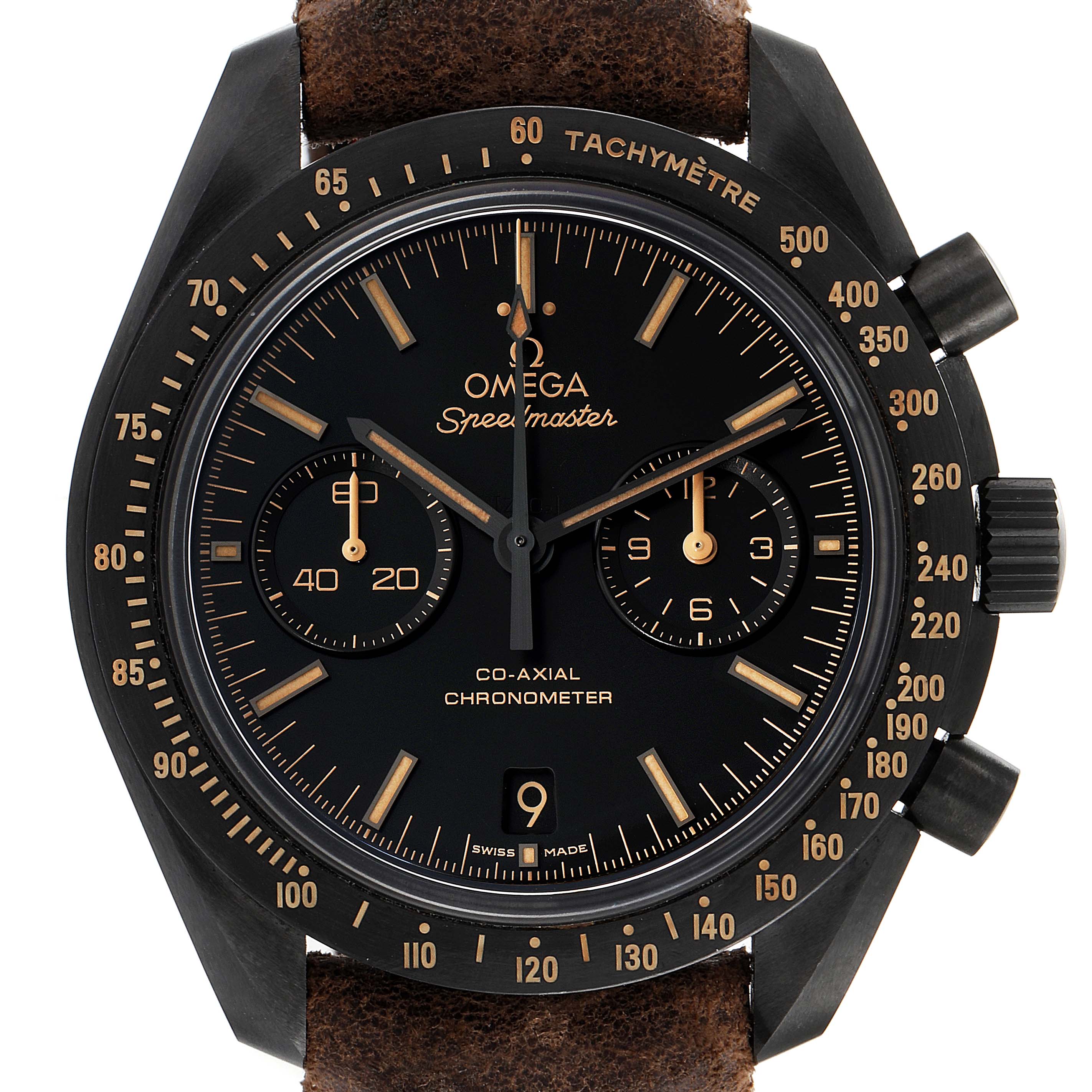 The image shows a front view of an Omega Speedmaster 311.92.44.51.01.006 Men's Stainless Steel Black Dial 311.92.44.51.01.006 Men's Stainless Steel Black Dial watch, displaying its dial, tachymeter scale, chronograph subdials, and brown leather strap.