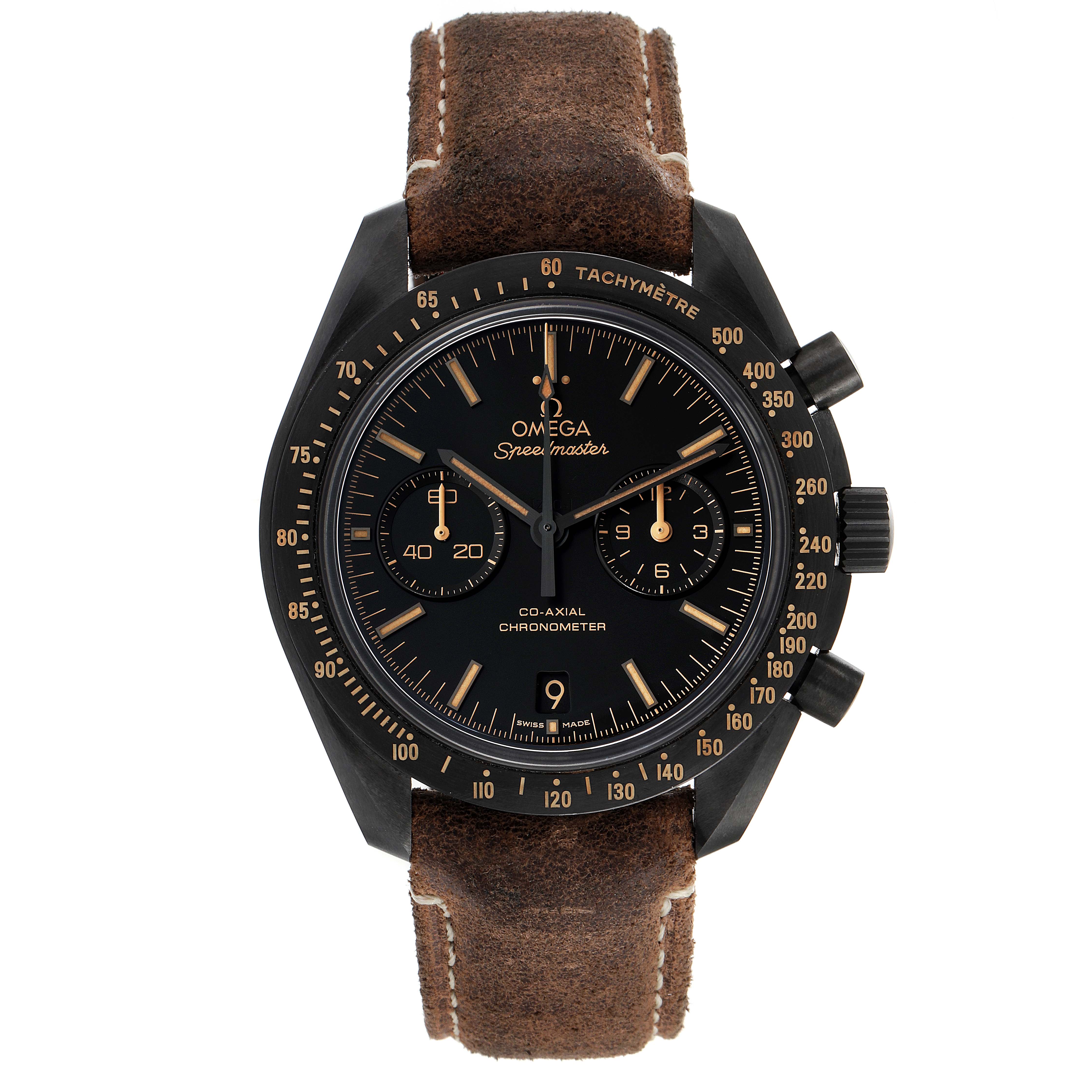 The Omega Speedmaster 311.92.44.51.01.006 Men's Stainless Steel Black Dial 311.92.44.51.01.006 Men's Stainless Steel Black Dial watch is shown from a front angle, showcasing the face, bezel, and leather strap.