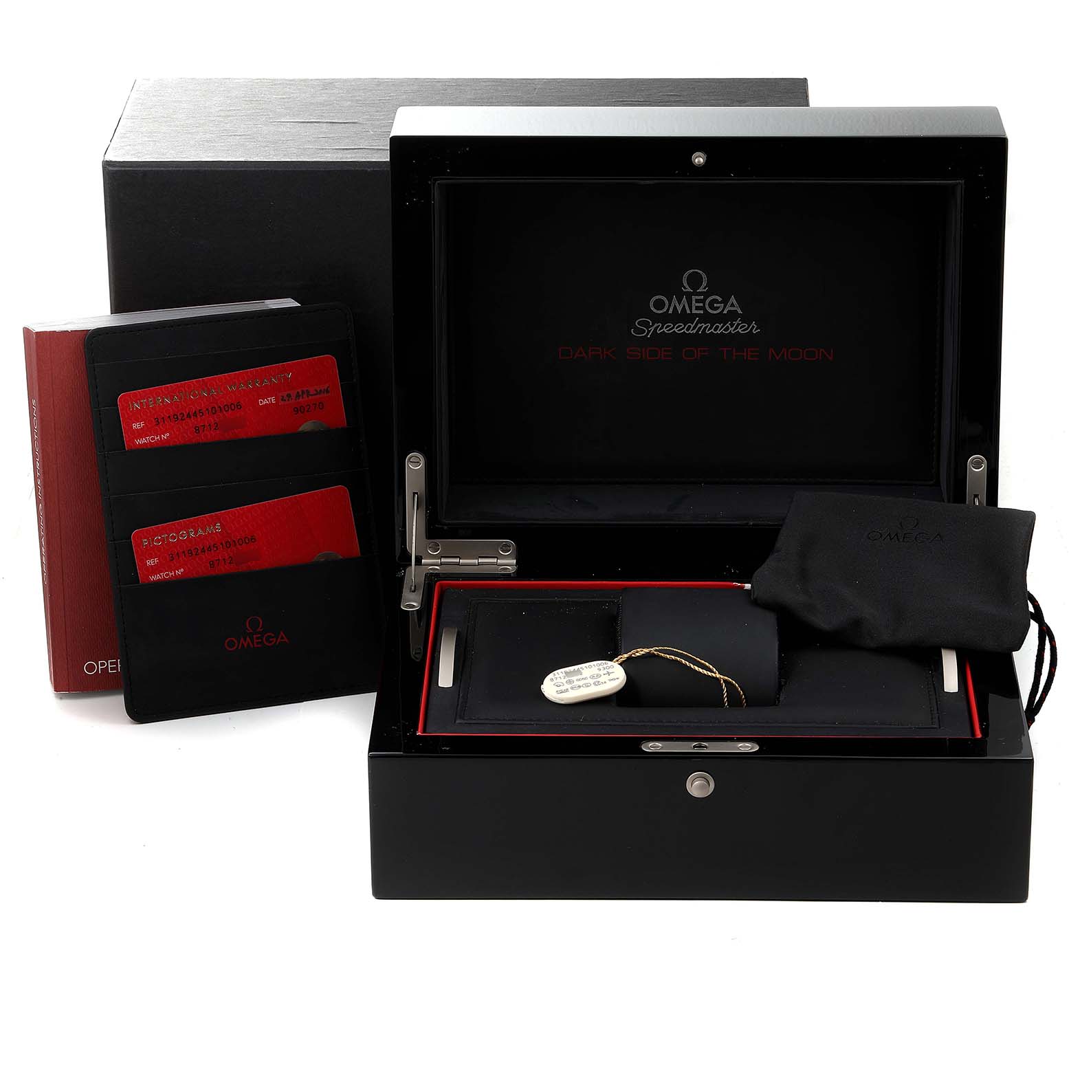 The image shows the box, manuals, and accessories for the Omega Speedmaster 311.92.44.51.01.006 Men's Stainless Steel Black Dial 311.92.44.51.01.006 Men's Stainless Steel Black Dial watch model.