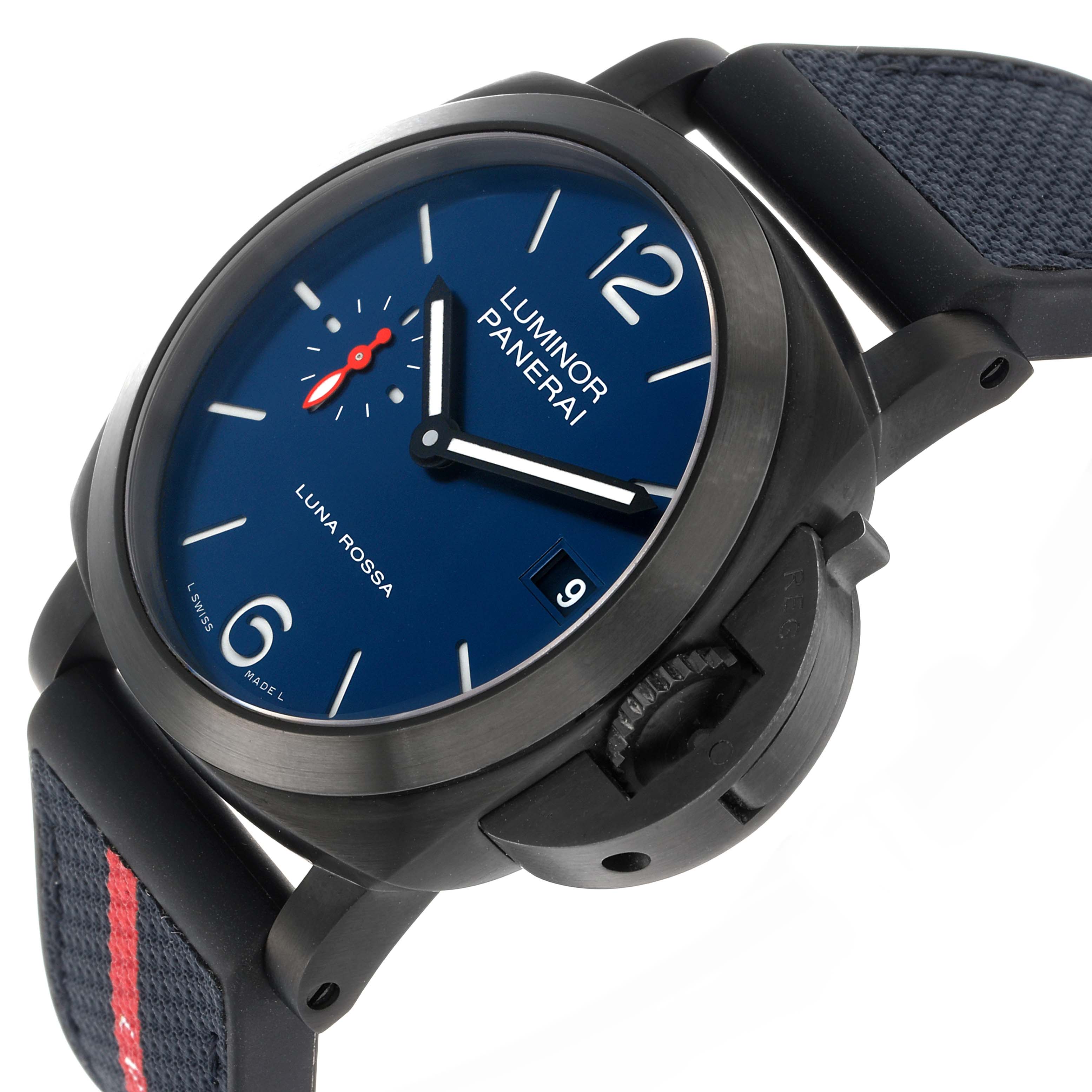 The Panerai Luminor PAM01408 Men
s Stainless Steel Blue Dial watch is shown at an angle highlighting the blue dial, crown guard, and strap.