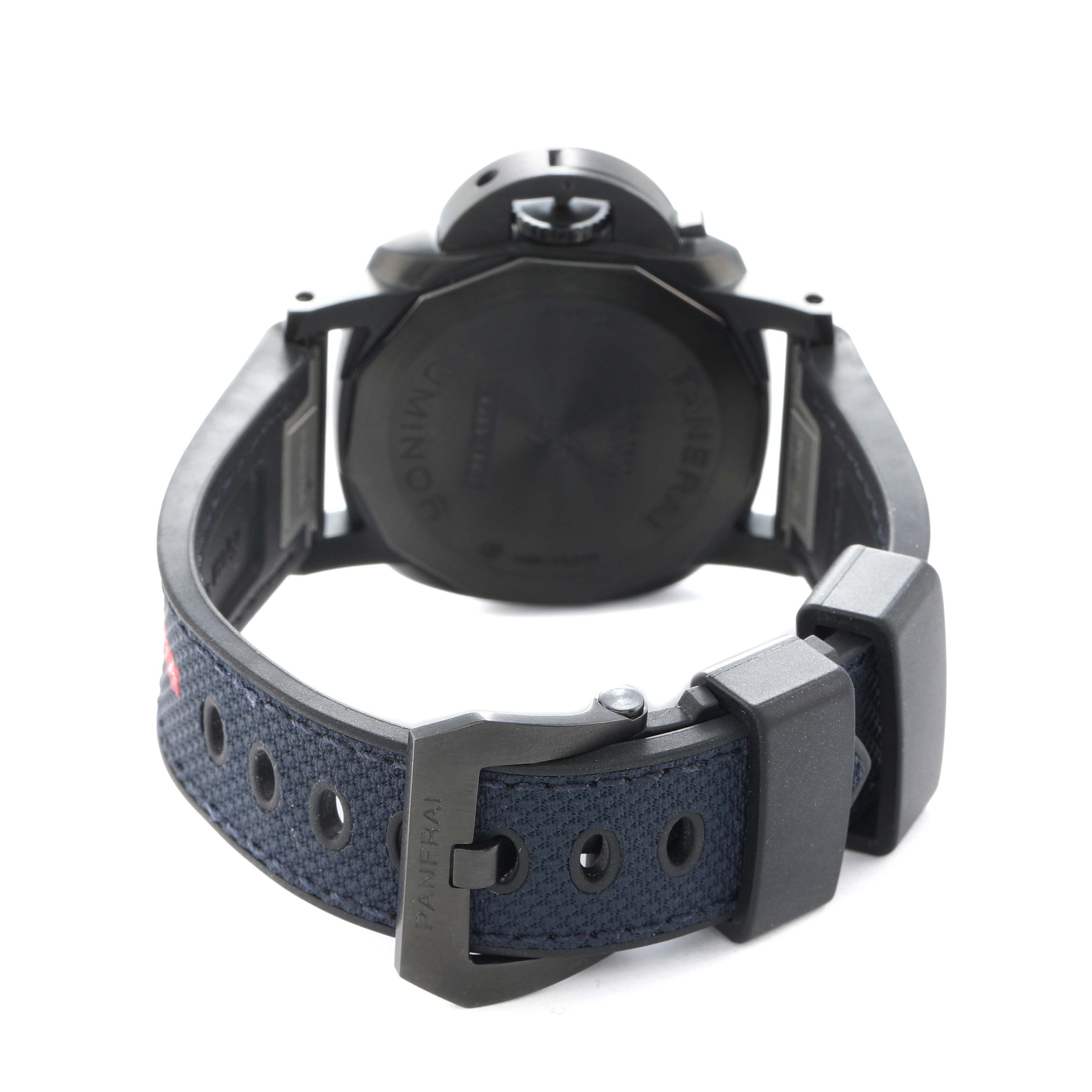 The image shows the back of a Panerai Luminor PAM01408 Men
s Stainless Steel Blue Dial watch, highlighting its case back, strap, buckle, and crown from a rear angle.