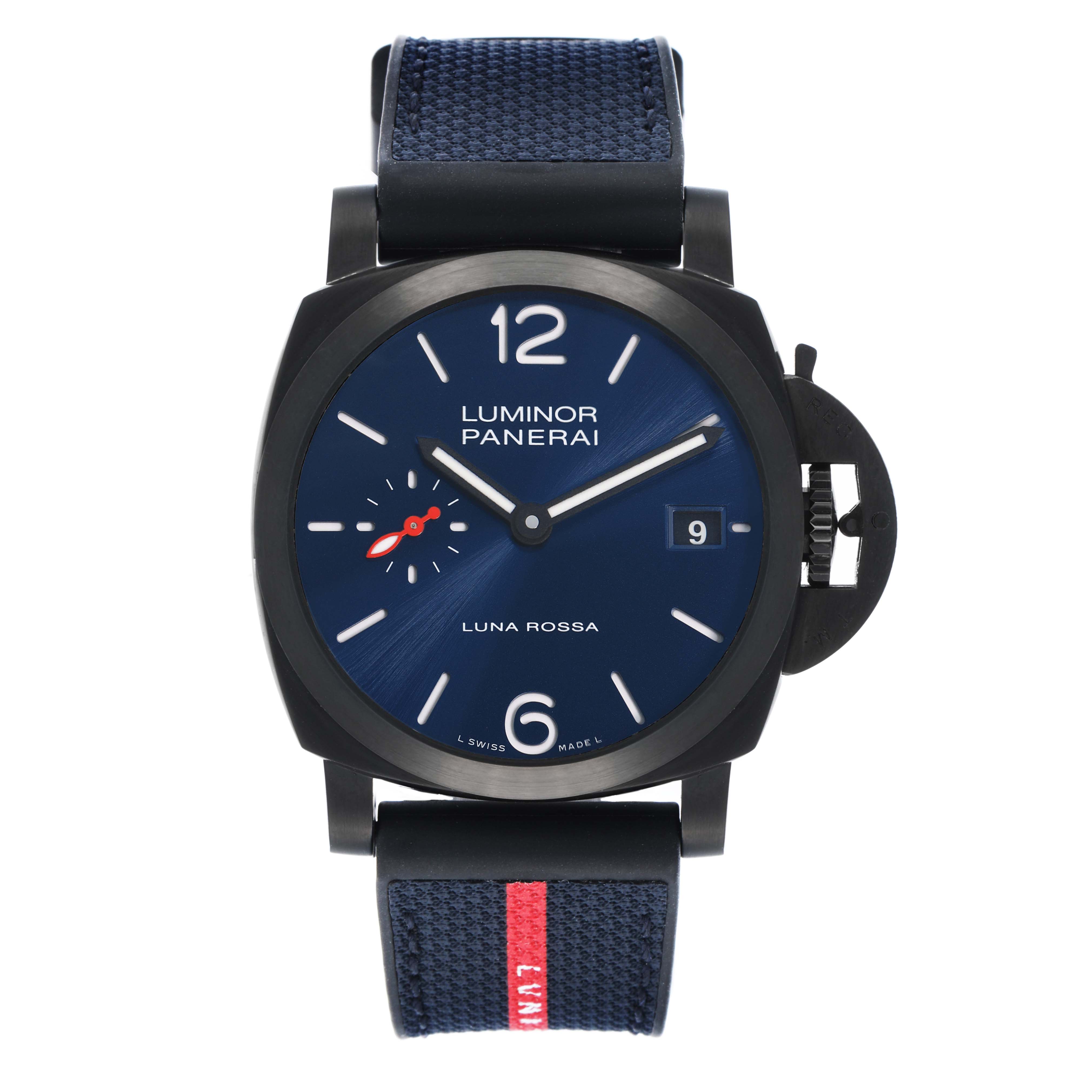 The image shows a front view of a Panerai Luminor PAM01408 Men
s Stainless Steel Blue Dial watch, highlighting the face, strap, and crown guard.