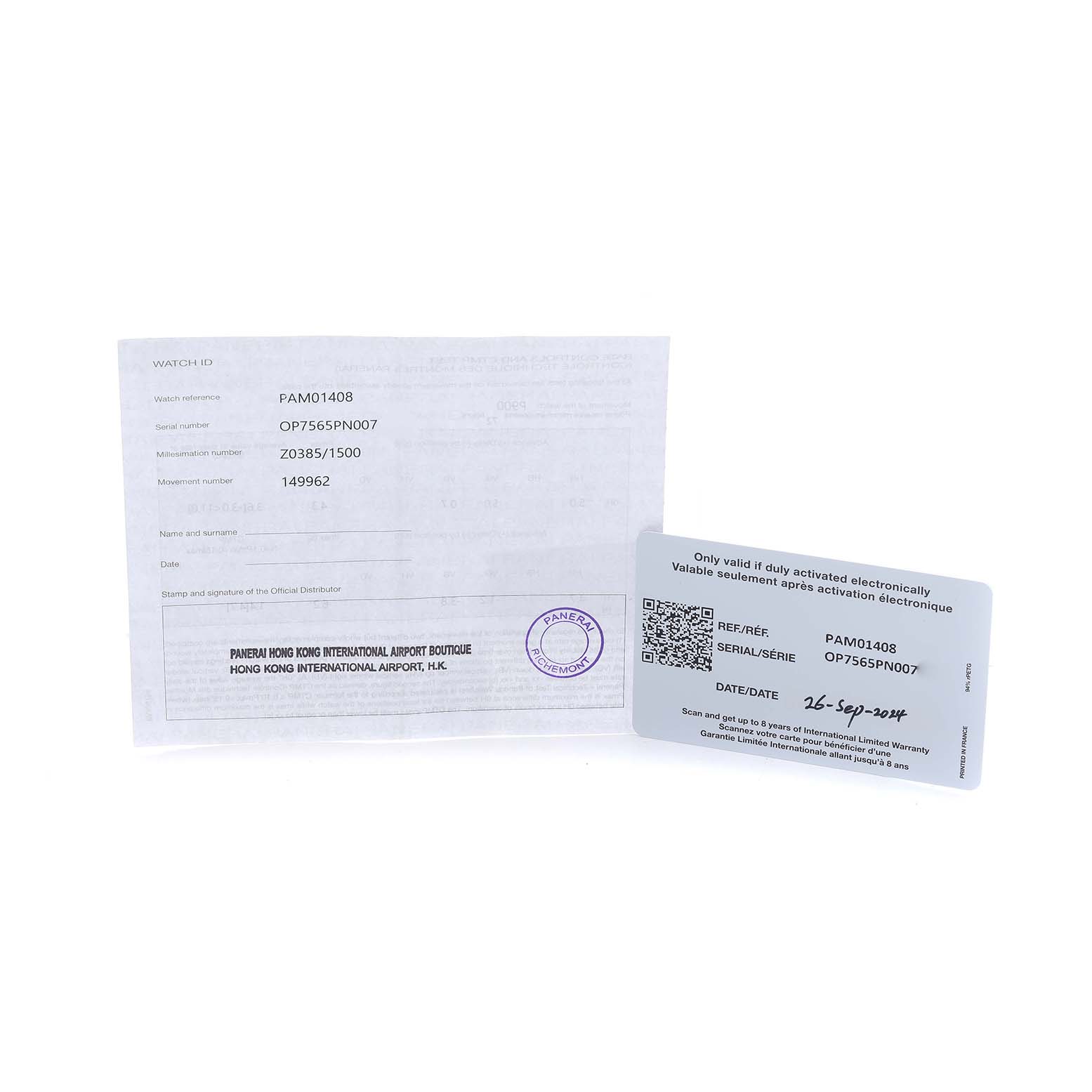 The image shows documentation for the Panerai Luminor PAM01408 Men
s Stainless Steel Blue Dial model, including a warranty card and certificate.