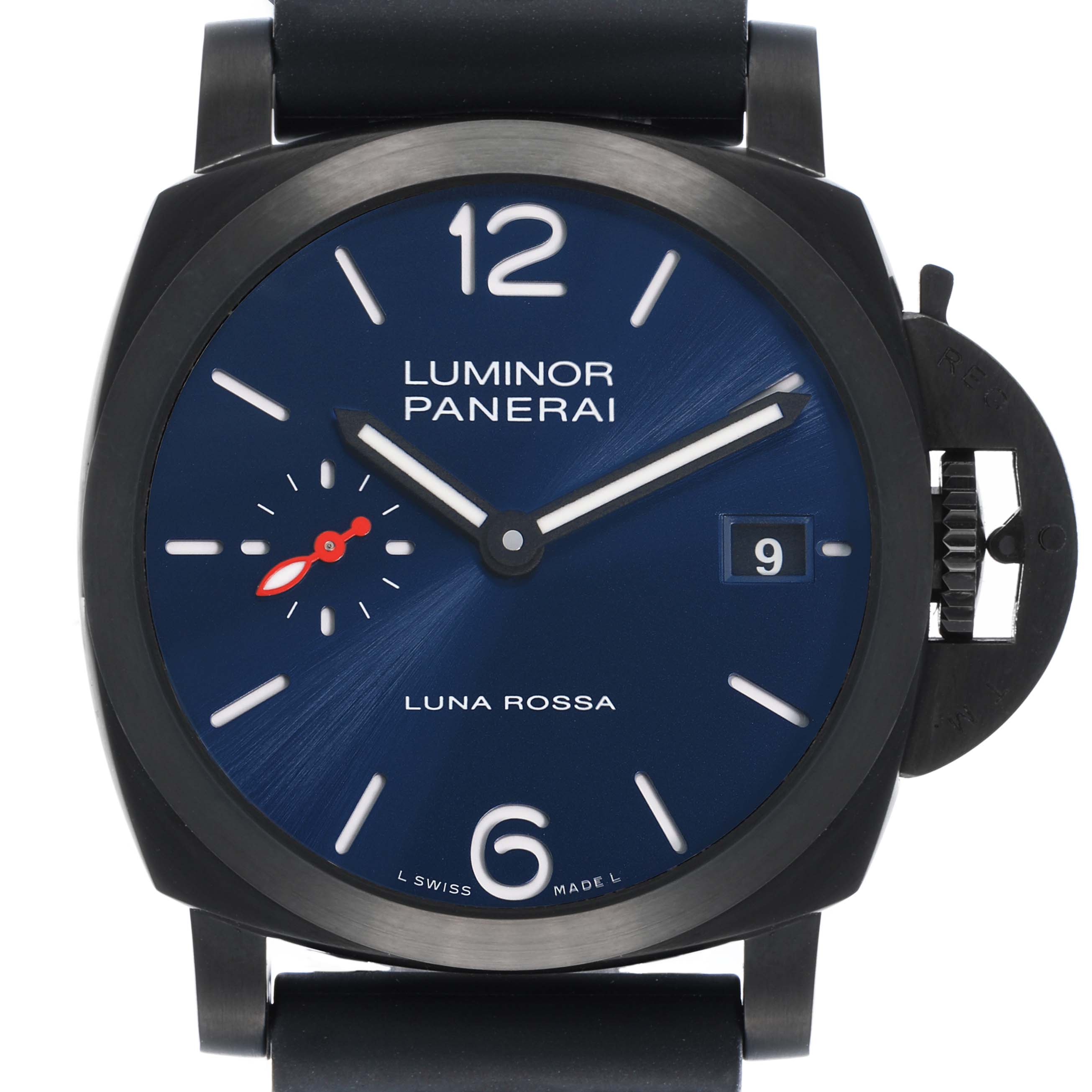 The image shows a front view of the Panerai Luminor PAM01408 Men
s Stainless Steel Blue Dial model watch, highlighting the dial, hands, crown guard, and strap attachment.