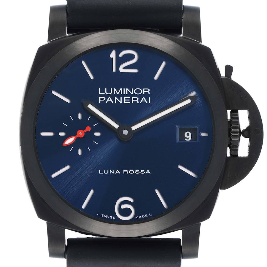The image shows a front view of the Panerai Luminor PAM01408 Men's Stainless Steel Blue Dial model watch, highlighting the dial, hands, crown guard, and strap attachment.