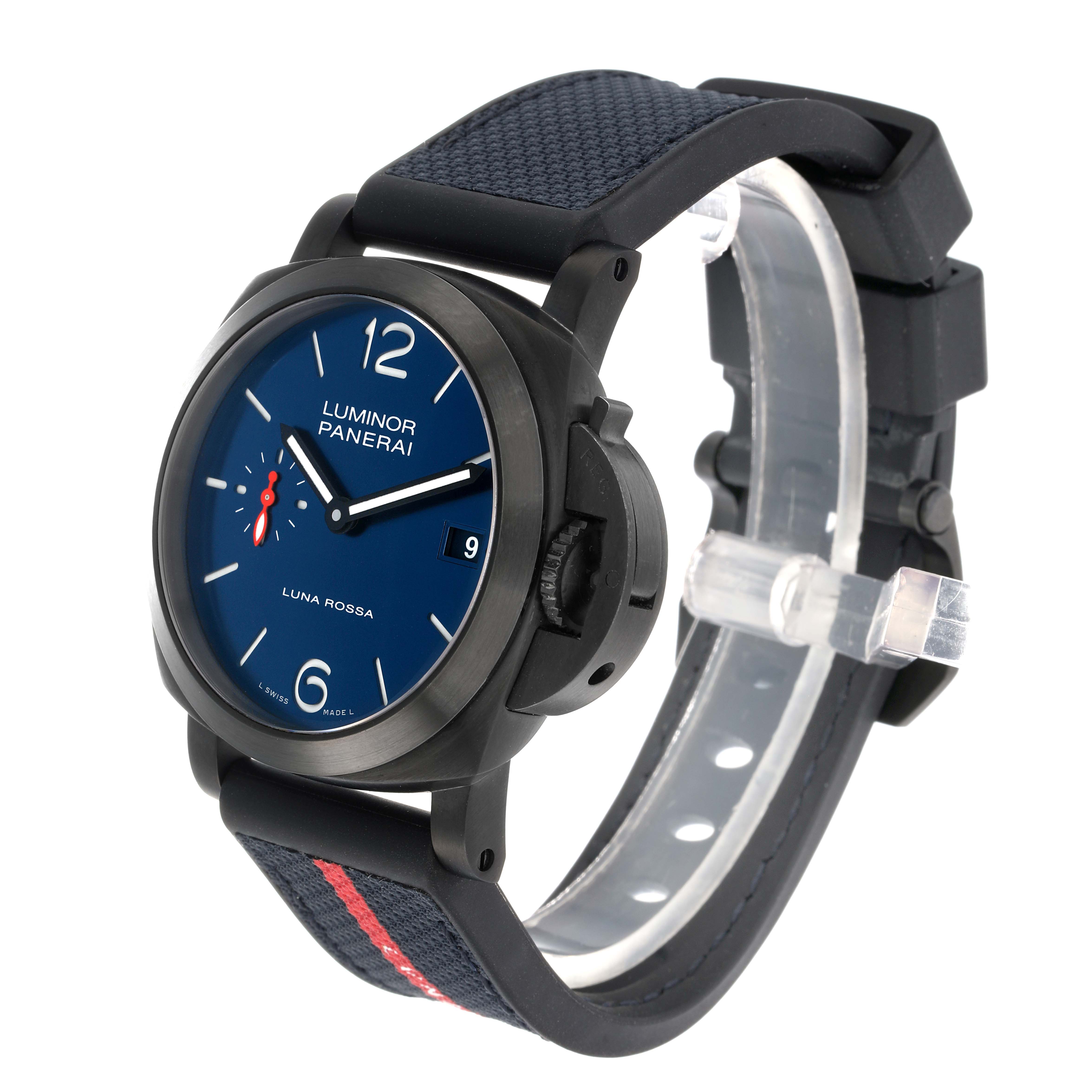 The image shows a Panerai Luminor PAM01408 Men
s Stainless Steel Blue Dial watch at a three-quarter angle, highlighting the face, strap, crown guard, and case design.