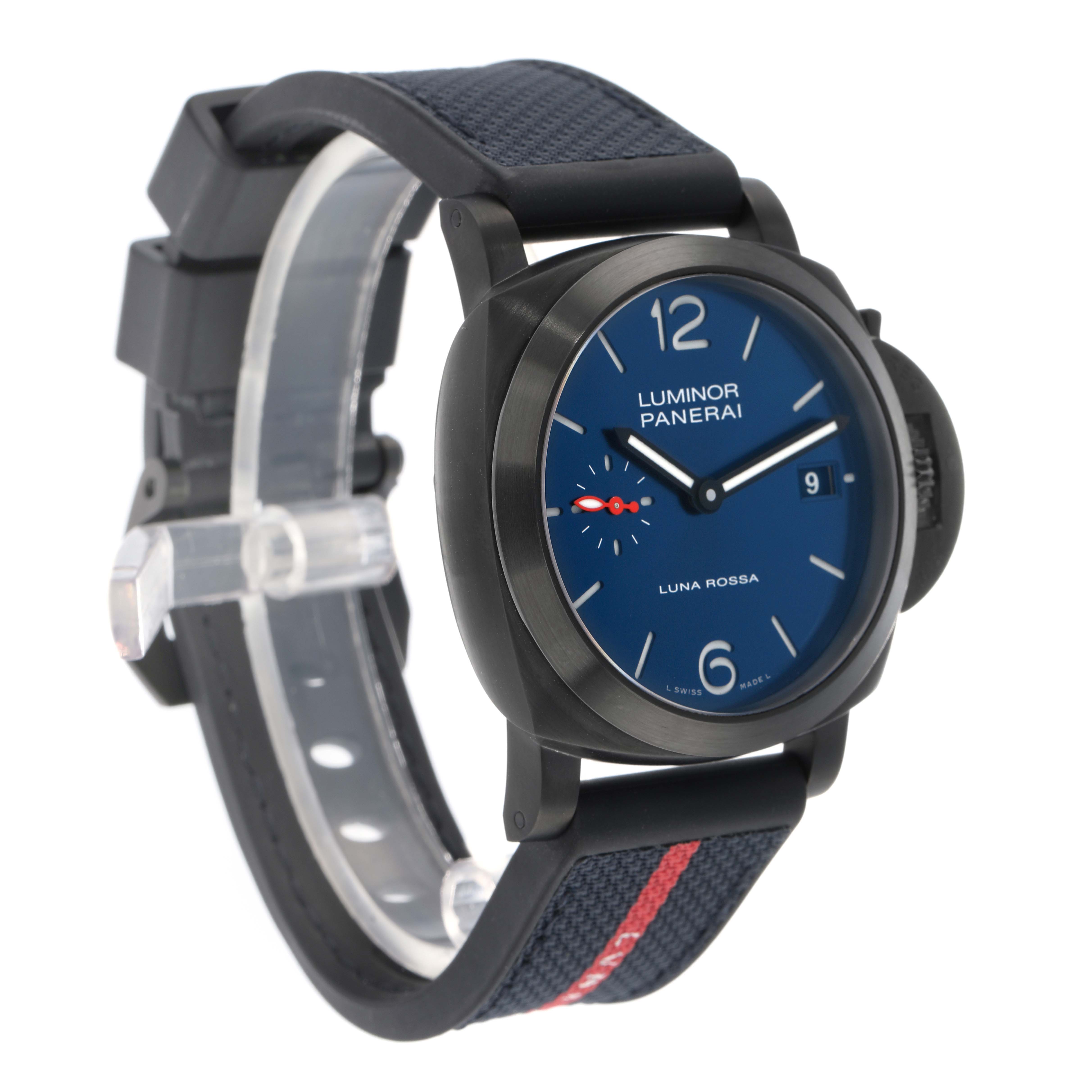 The Panerai Luminor PAM01408 Men
s Stainless Steel Blue Dial watch is shown at a slight angle, highlighting its face, strap, and crown guard.