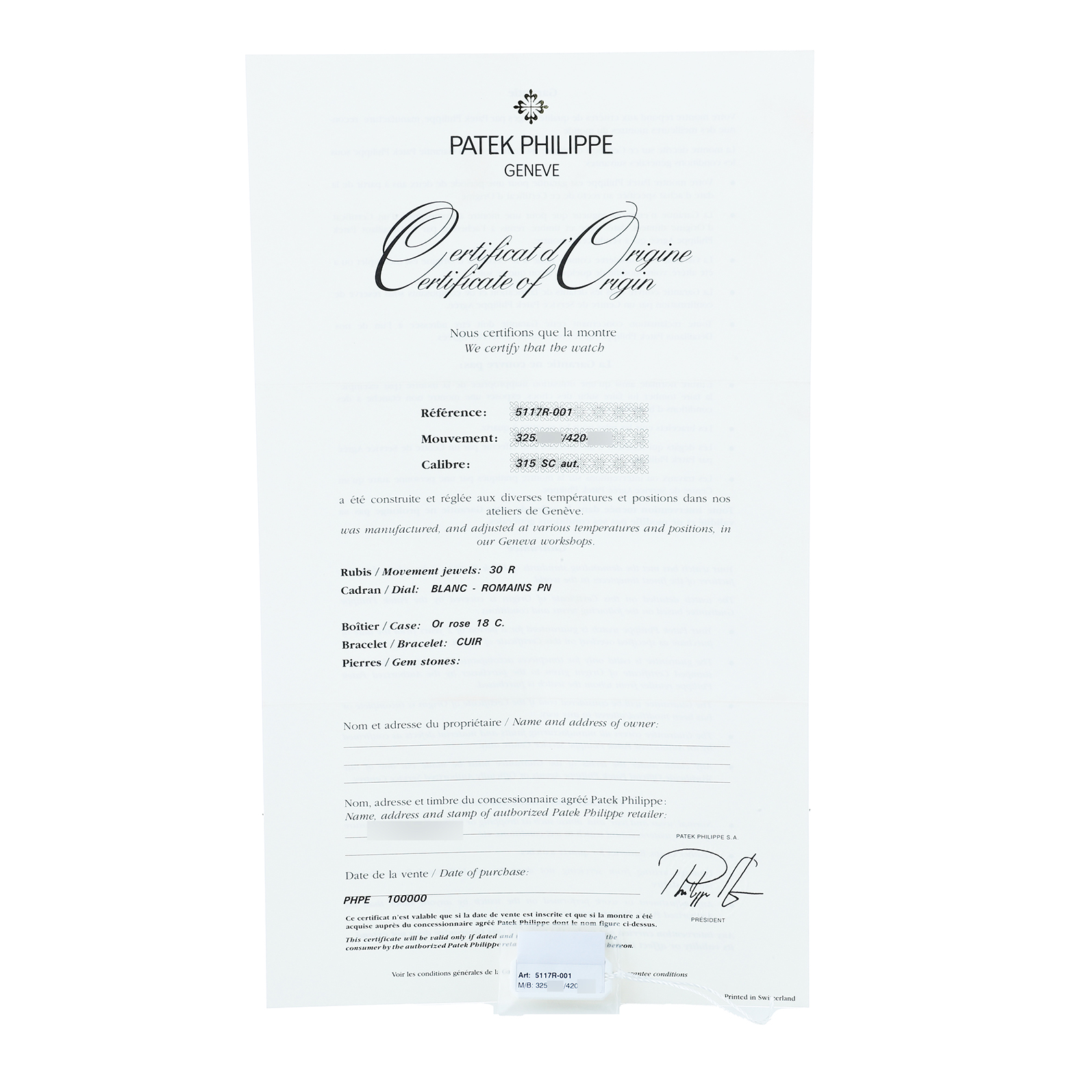 This image shows a Patek Philippe Calatrava 5117R-001 Men's Rose Gold White Dial Certificate of Origin with watch details and signature at the bottom.