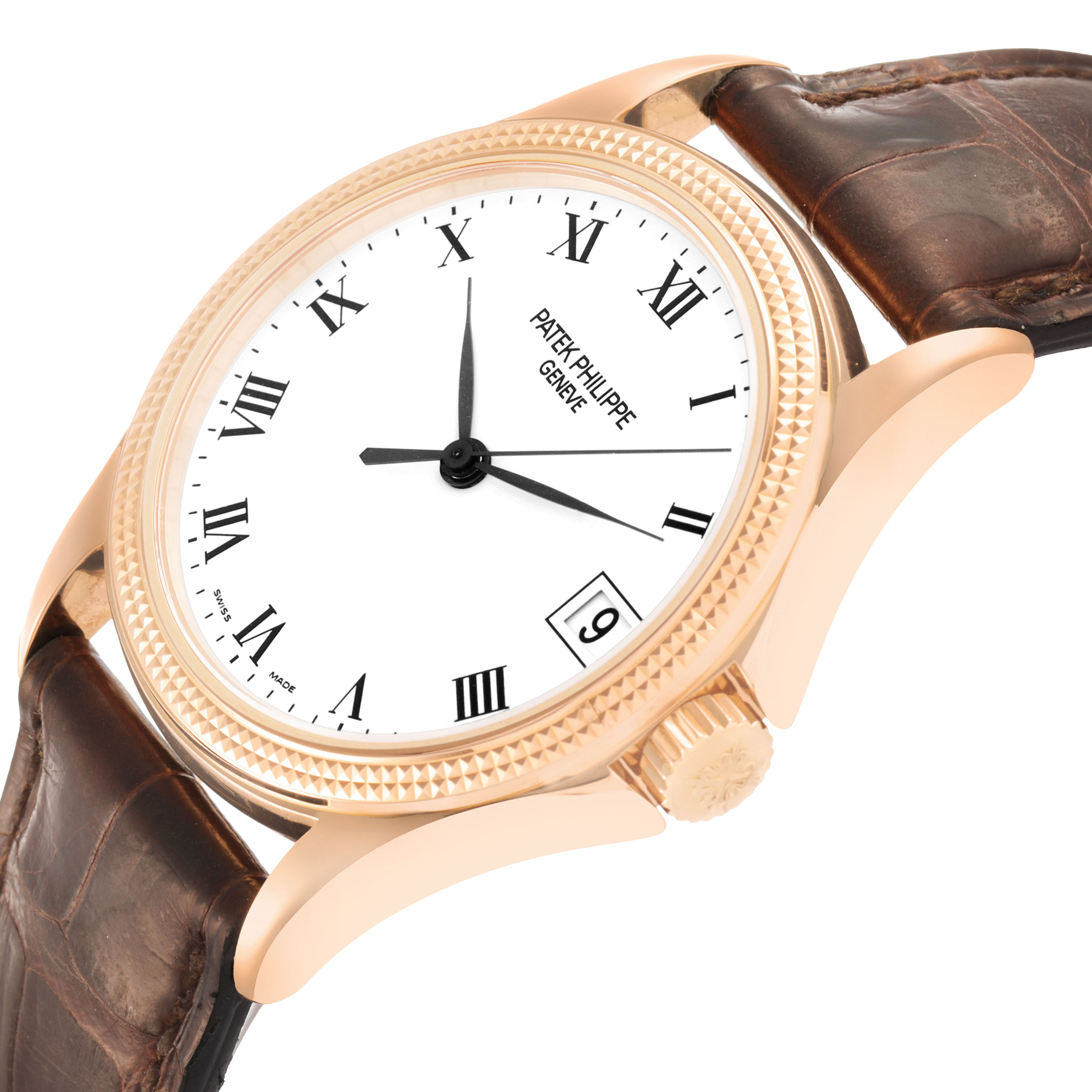 The Patek Philippe Calatrava 5117R-001 Men's Rose Gold White Dial watch is shown at an angled side view, highlighting the dial, hour markers, crown, and leather strap.